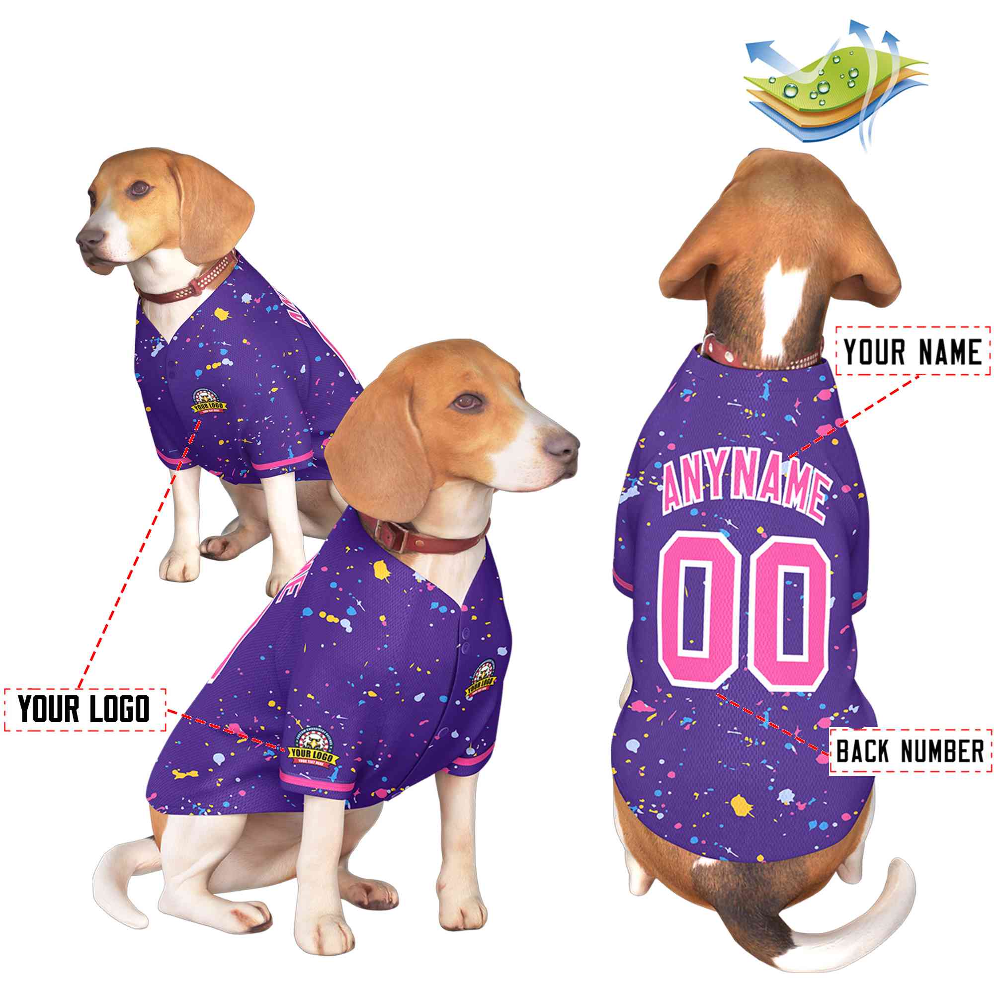 Maillot pour chien à motif de graffiti Splash personnalisé violet rose personnalisé