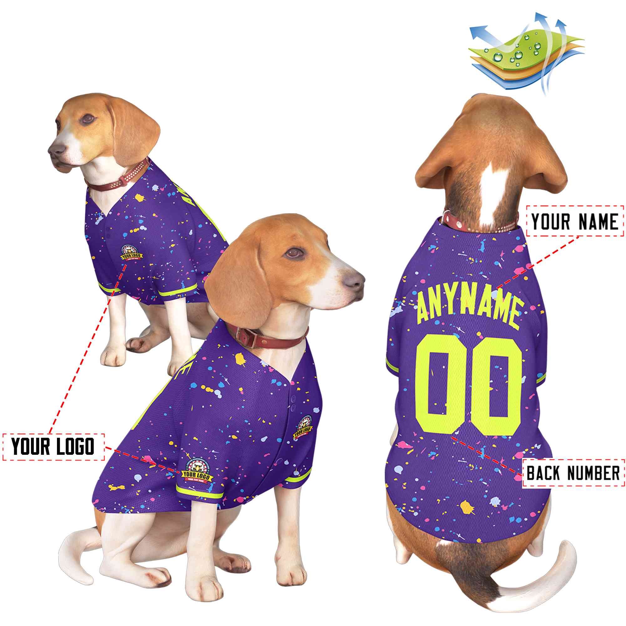 Maillot pour chien à motif de graffiti Splash personnalisé violet néon vert personnalisé