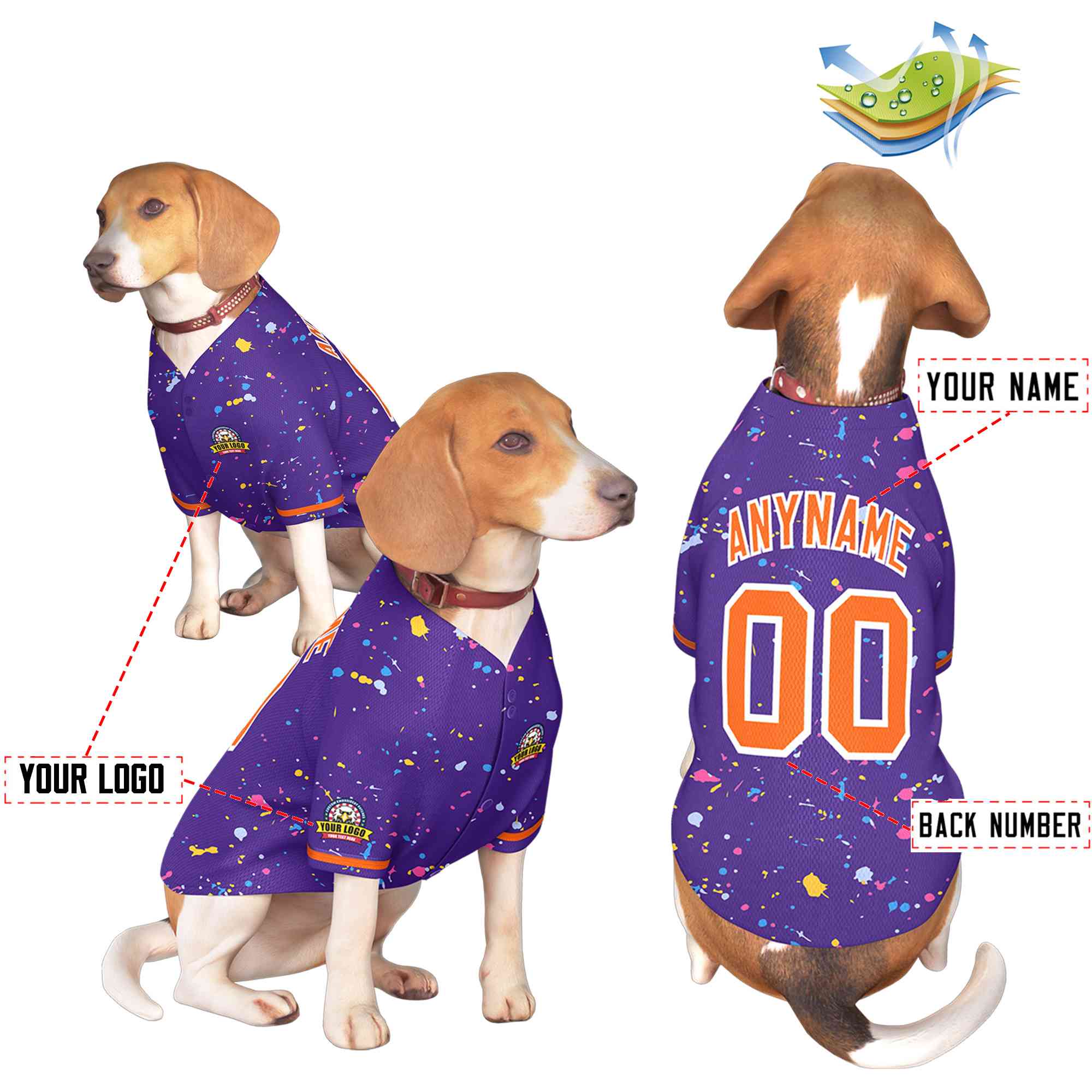 Maillot pour chien à motif de graffiti Splash personnalisé violet orange personnalisé