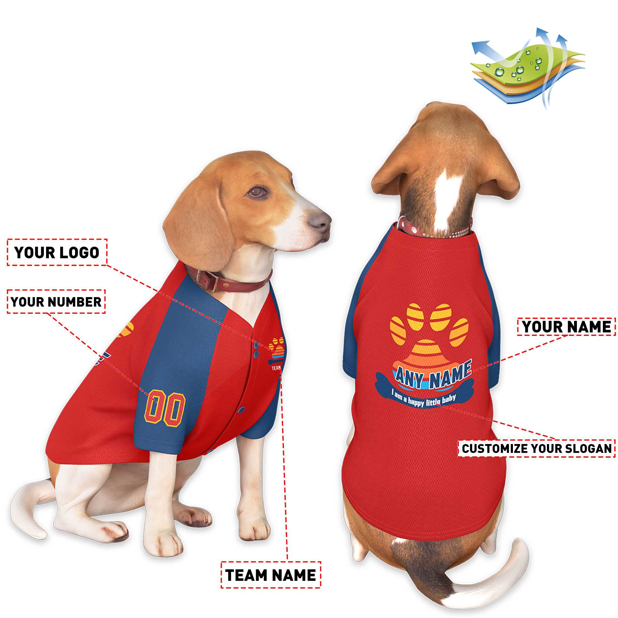 Maillot pour chien à manches raglan rouge marine personnalisé