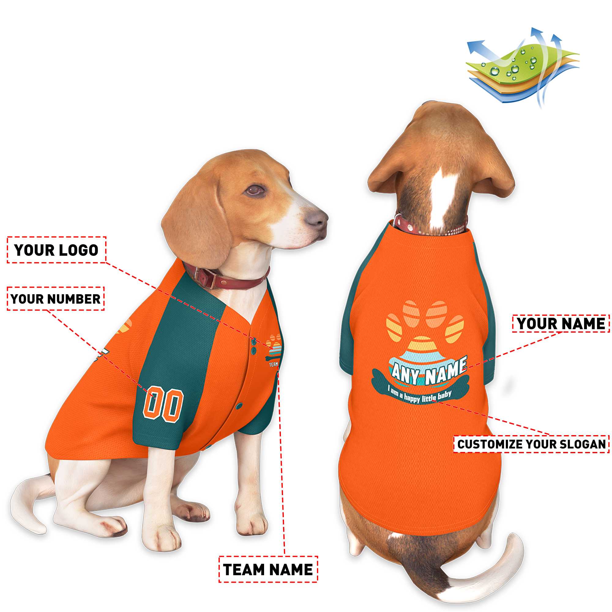 Maillot pour chien à manches raglan orange Aqua personnalisé