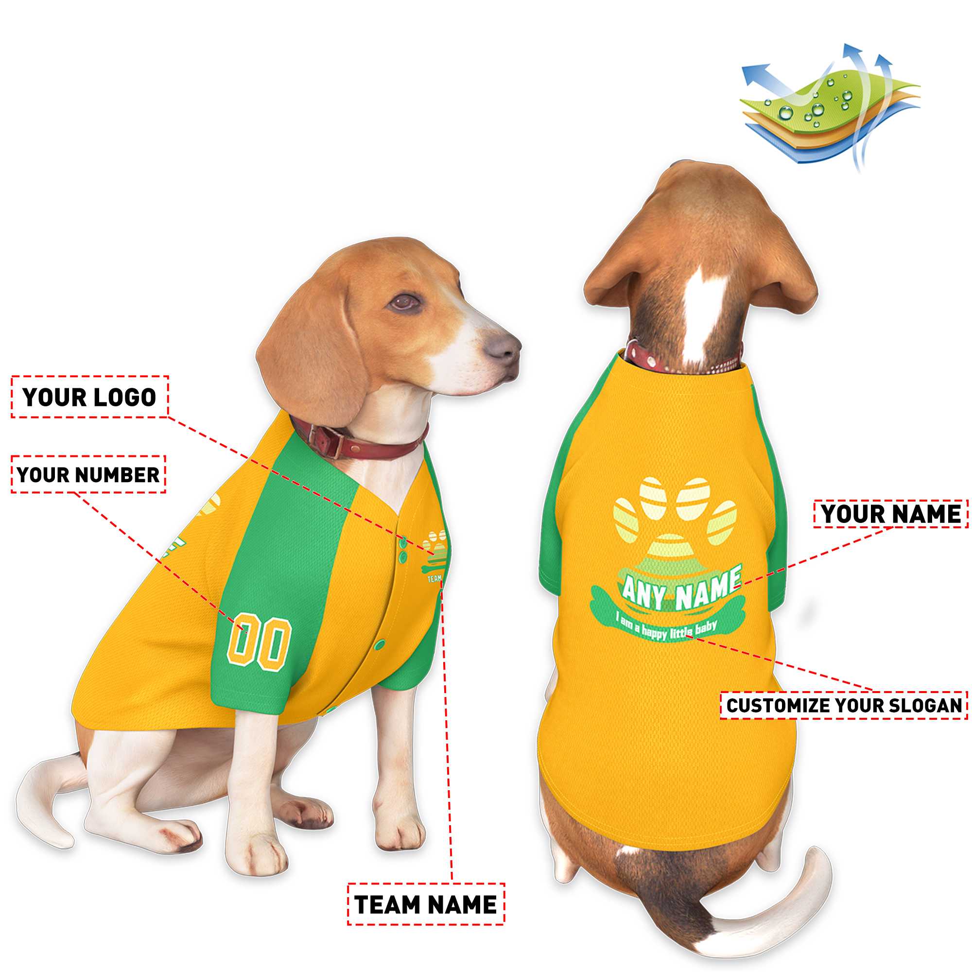 Maillot pour chien à manches raglan vert Kelly personnalisé en or