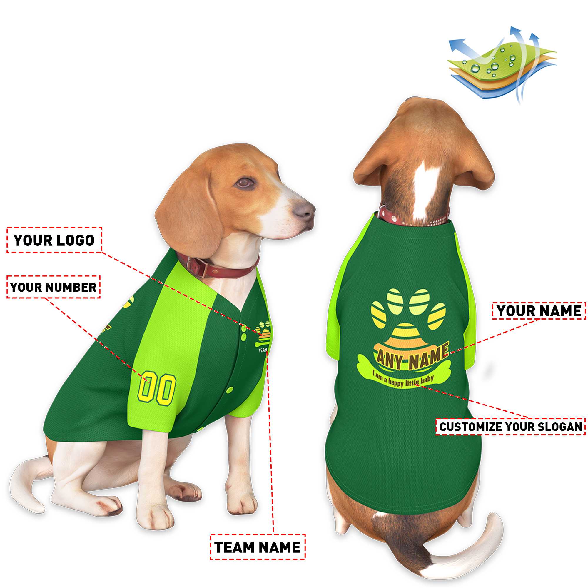 Maillot pour chien à manches raglan vert fluo personnalisé