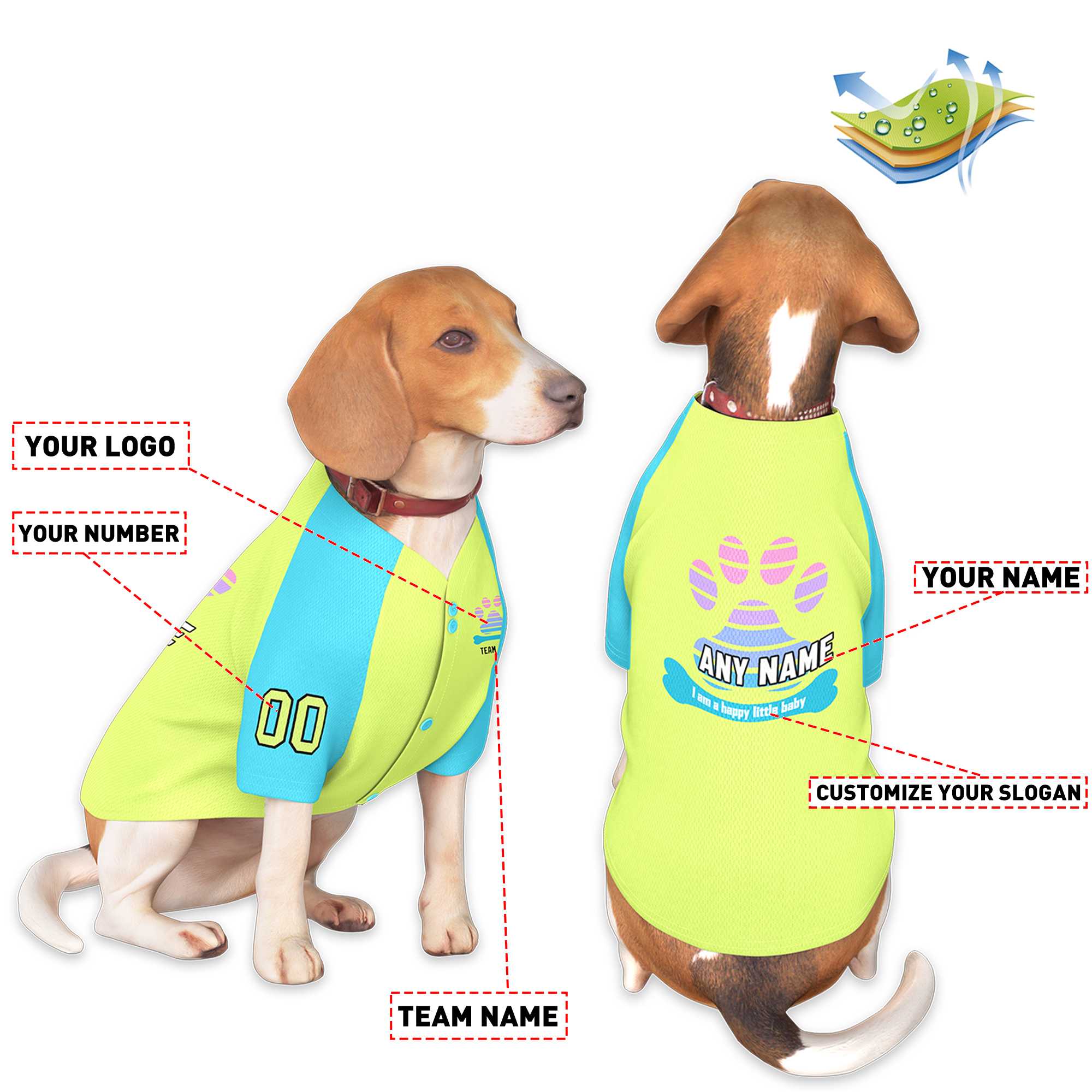 Maillot pour chien à manches raglan jaune vif personnalisé