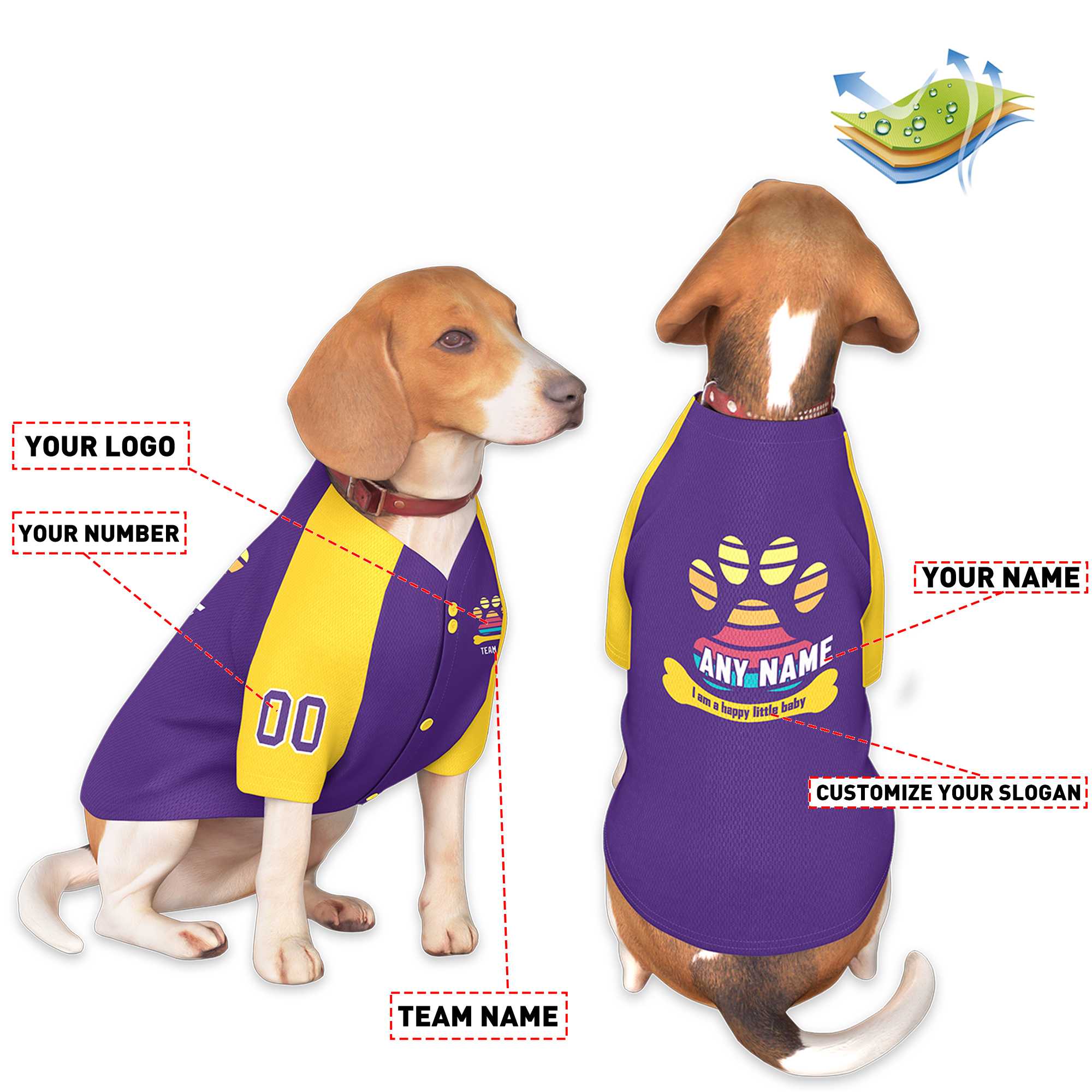 Maillot pour chien à manches raglan jaune violet personnalisé