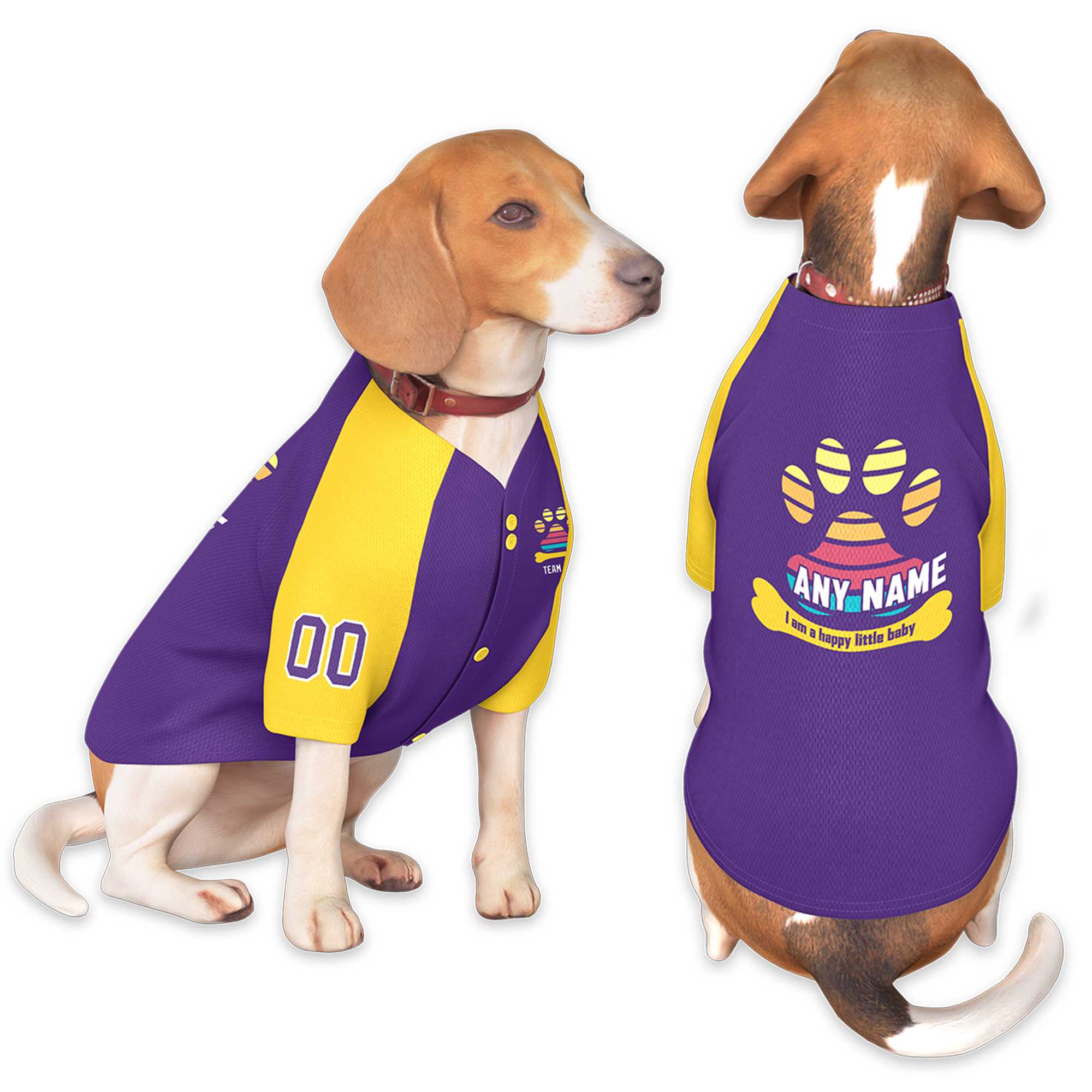 Maillot pour chien à manches raglan jaune violet personnalisé