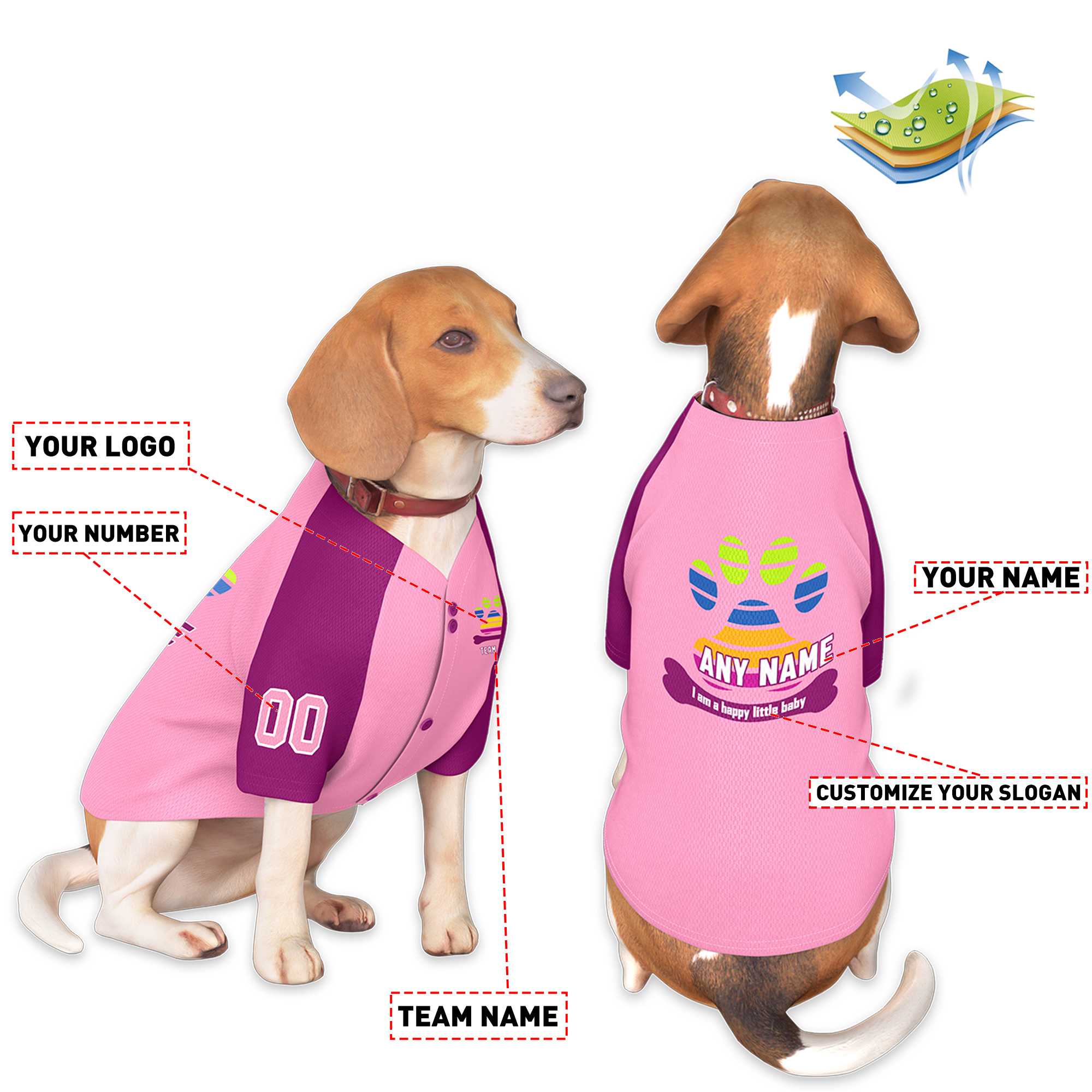 Maillot pour chien à manches raglan rose rose rouge personnalisé