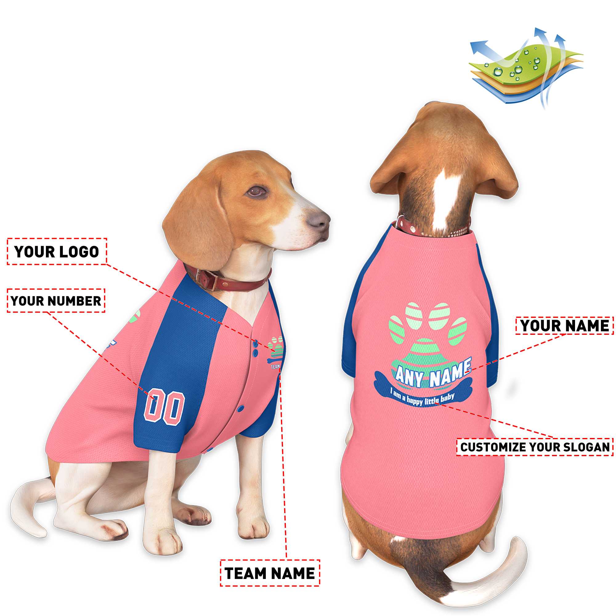 Maillot pour chien à manches raglan royales rouge clair personnalisé