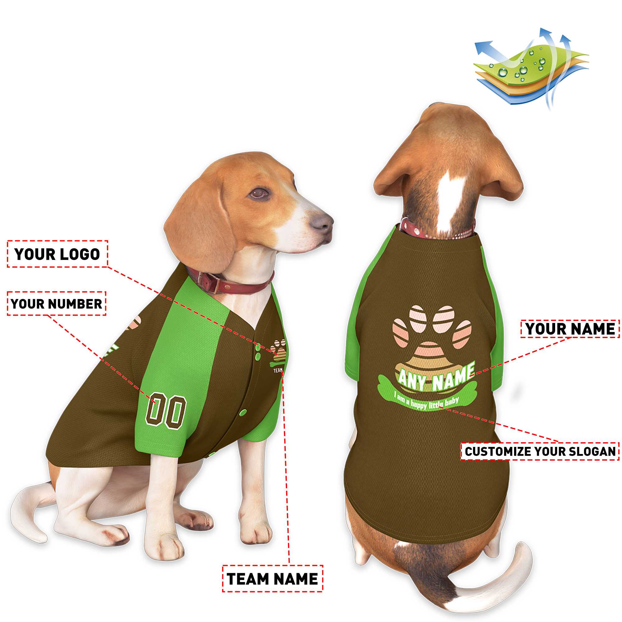 Maillot pour chien à manches raglan vert Kelly personnalisé marron