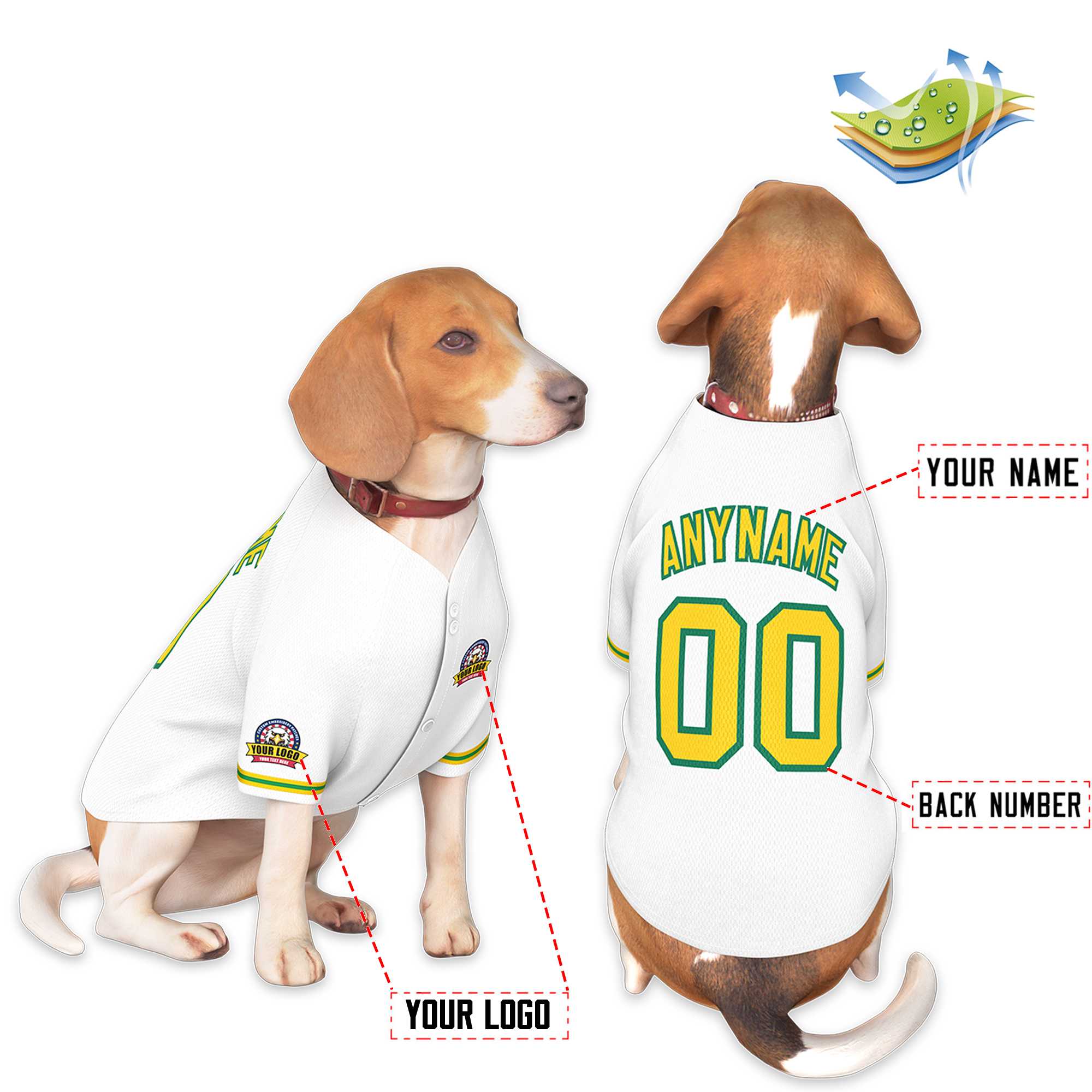 Maillot pour chien de style classique personnalisé blanc or-Kelly Green