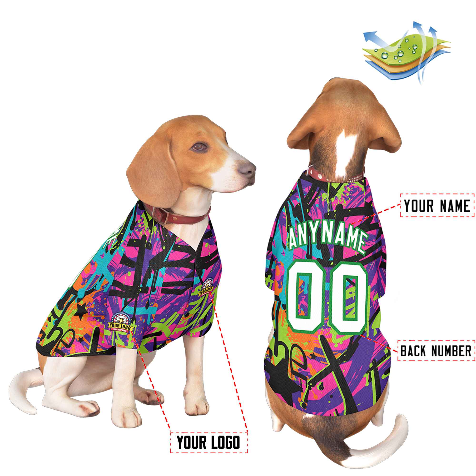 Maillot pour chien à motif graffiti vert Kelly blanc personnalisé