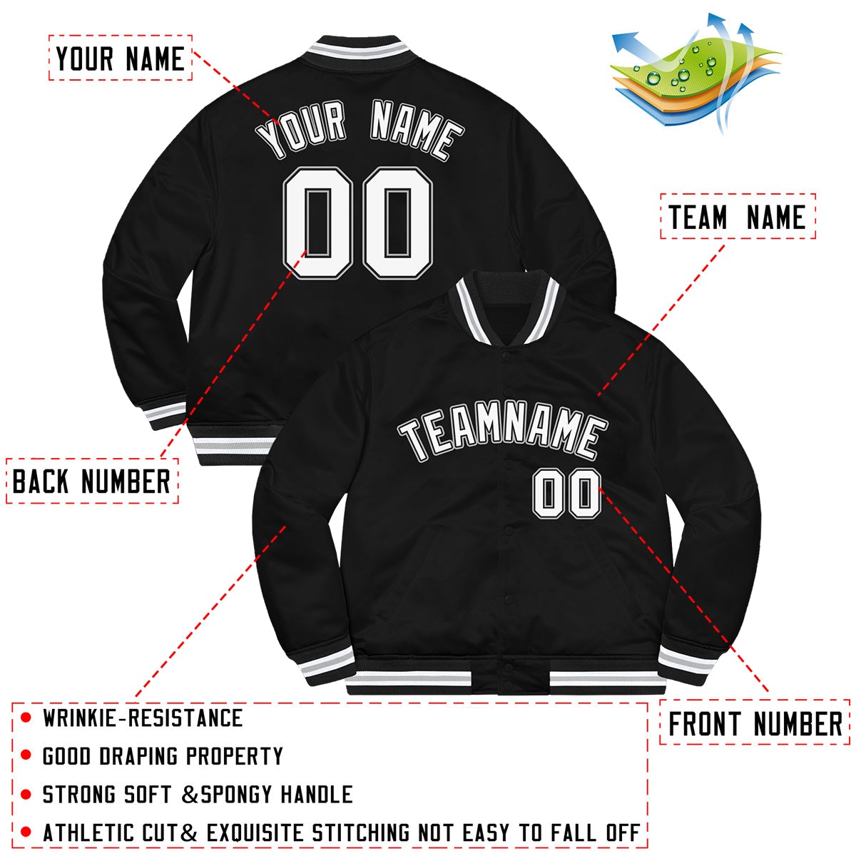 Custom Black White-Gray Letterman Solider Classic Style Varsity Full-Snap Jacket