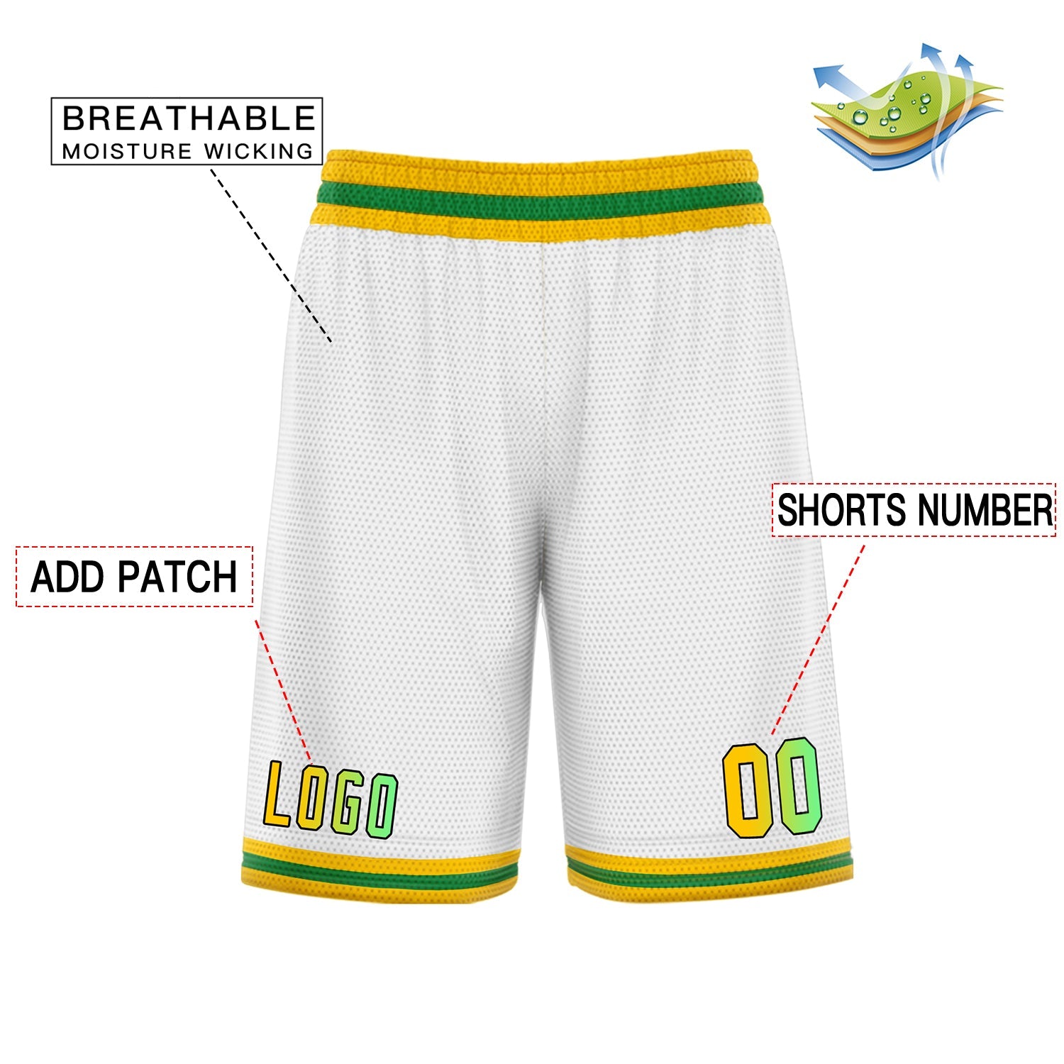 Custom White Yellow Green Basketball Shorts