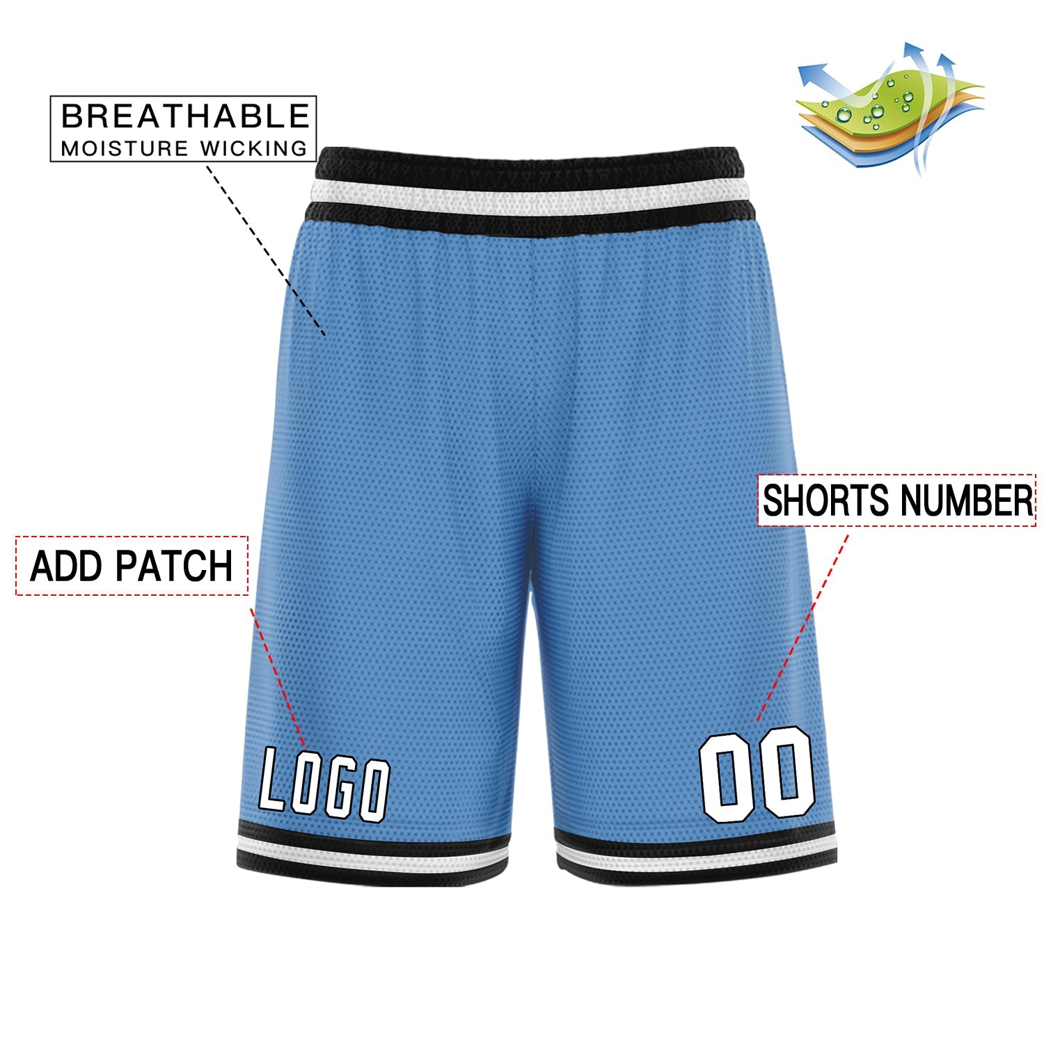 Custom Light Blue White Black Basketball Shorts