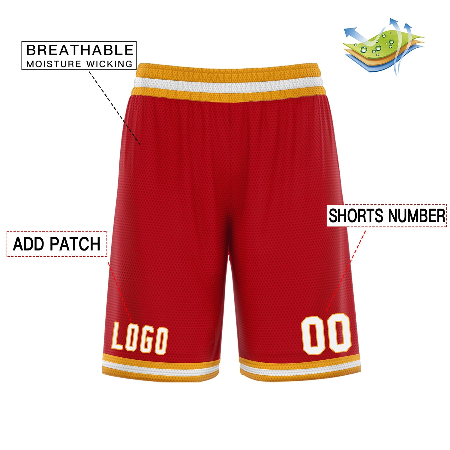 Short de basket-ball personnalisé rouge jaune blanc