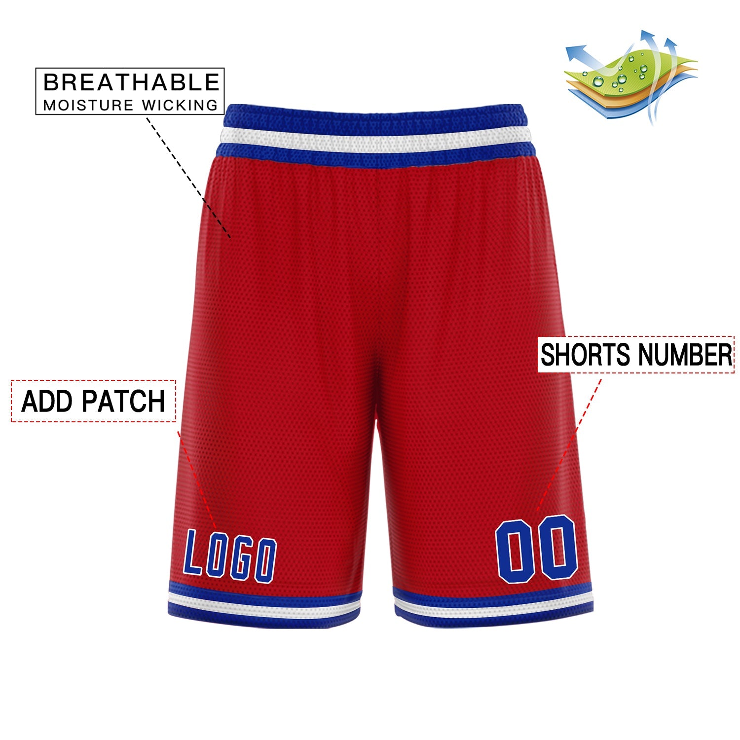 Short de basket-ball personnalisé rouge bleu blanc