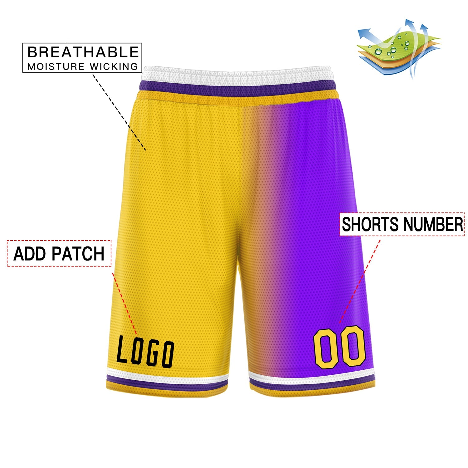 Short de basket-ball de mode dégradé jaune violet personnalisé