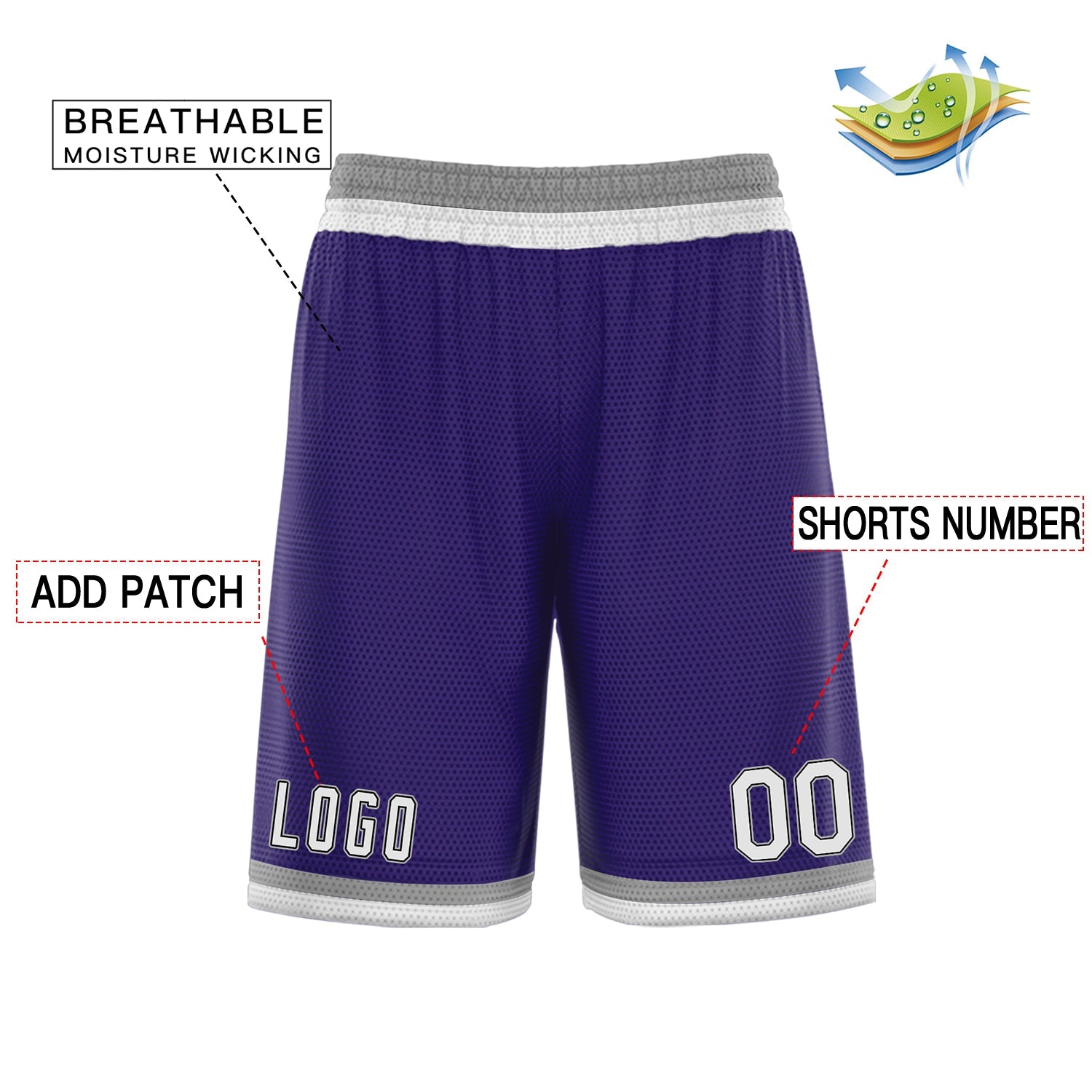 Custom Purple Grey White Basketball Shorts