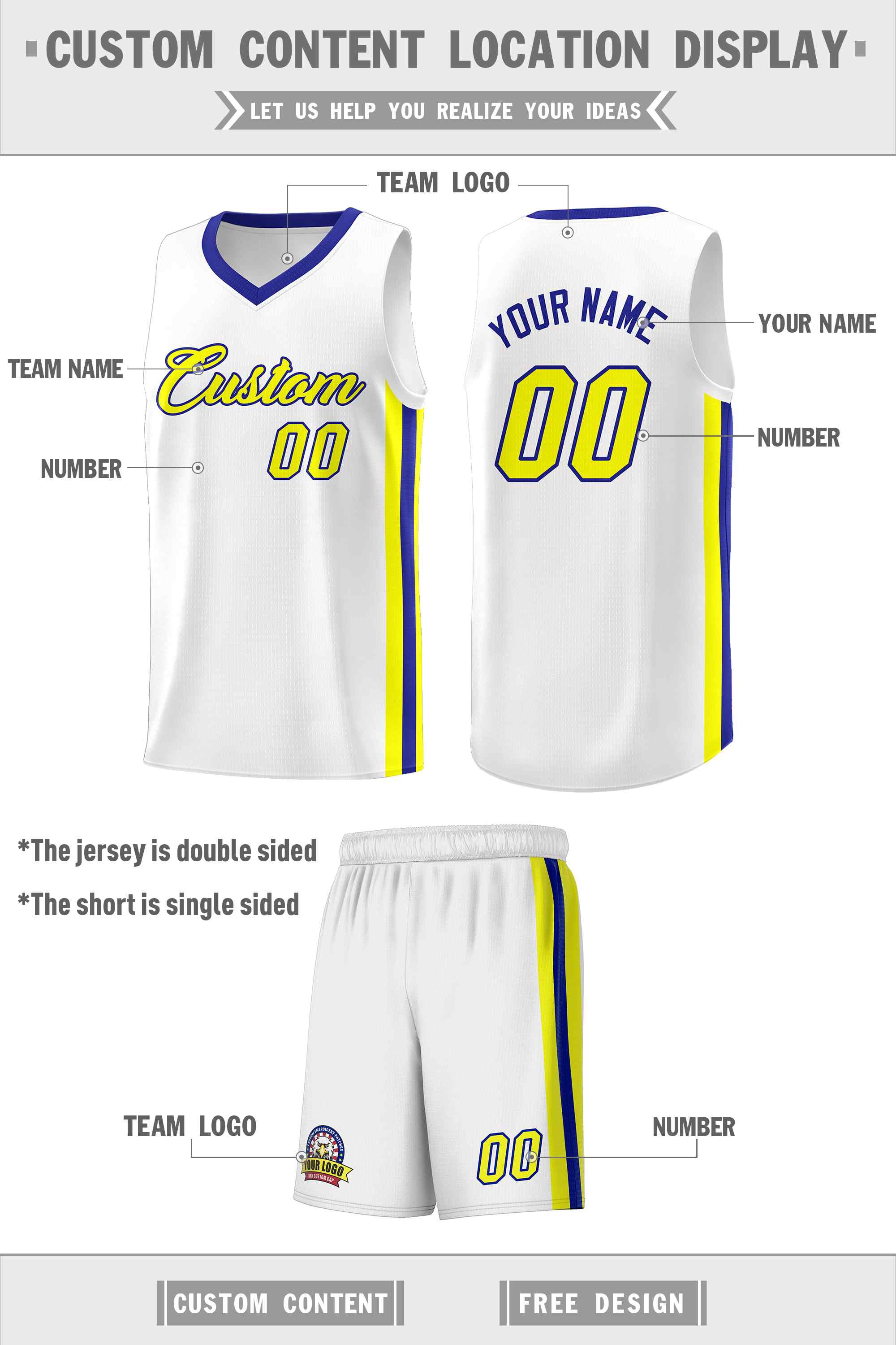 Custom White Yellow-Royal Classic Sets Sports Uniform Basketball Jersey