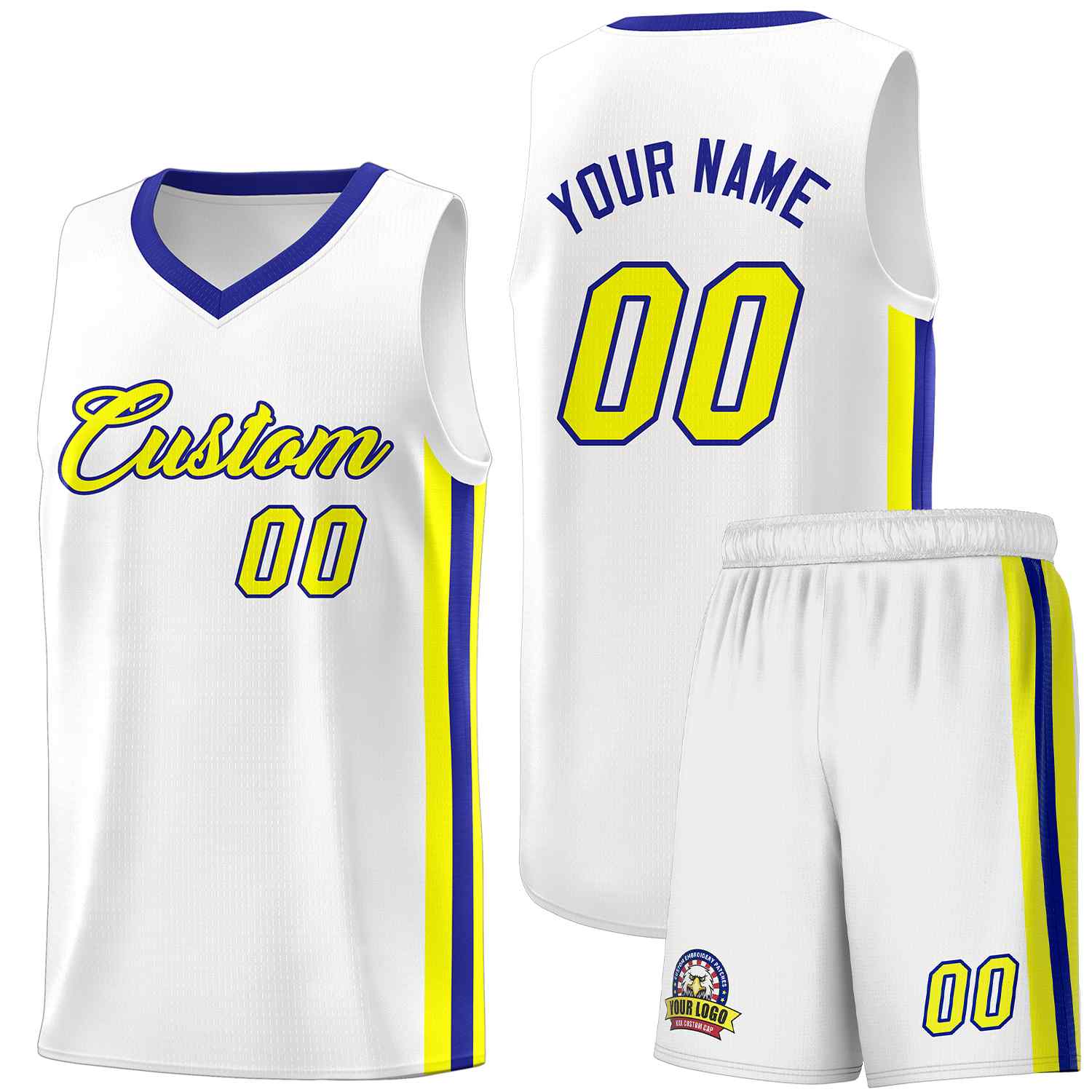 Maillot de basket-ball uniforme de sport, ensembles classiques blancs jaunes-royaux personnalisés