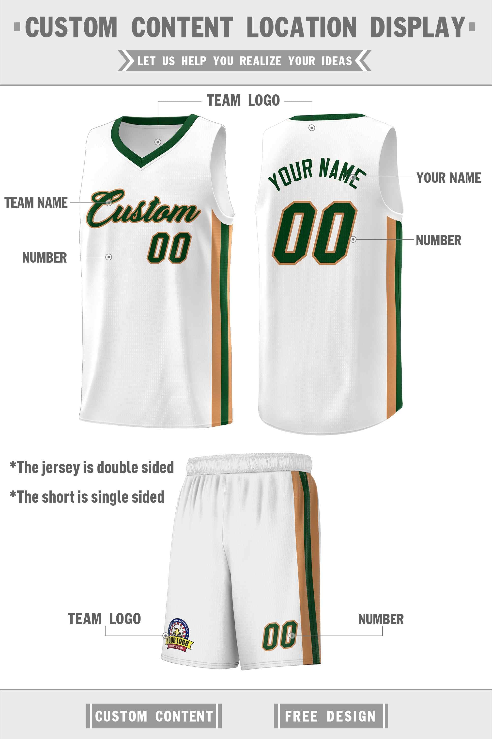 Custom White Green-Old Gold Classic Sets Sports Uniform Basketball Jersey