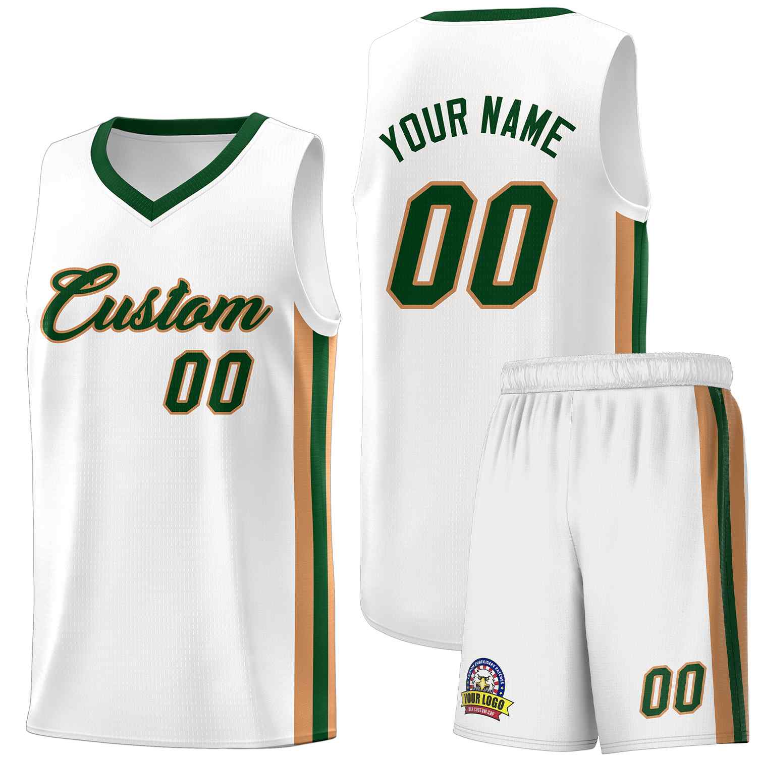 Maillot de basket-ball uniforme de sport, ensembles classiques personnalisés, blanc, vert-vieil or