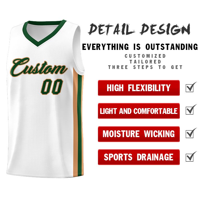 Maillot de basket-ball uniforme de sport, ensembles classiques personnalisés, blanc, vert-vieil or