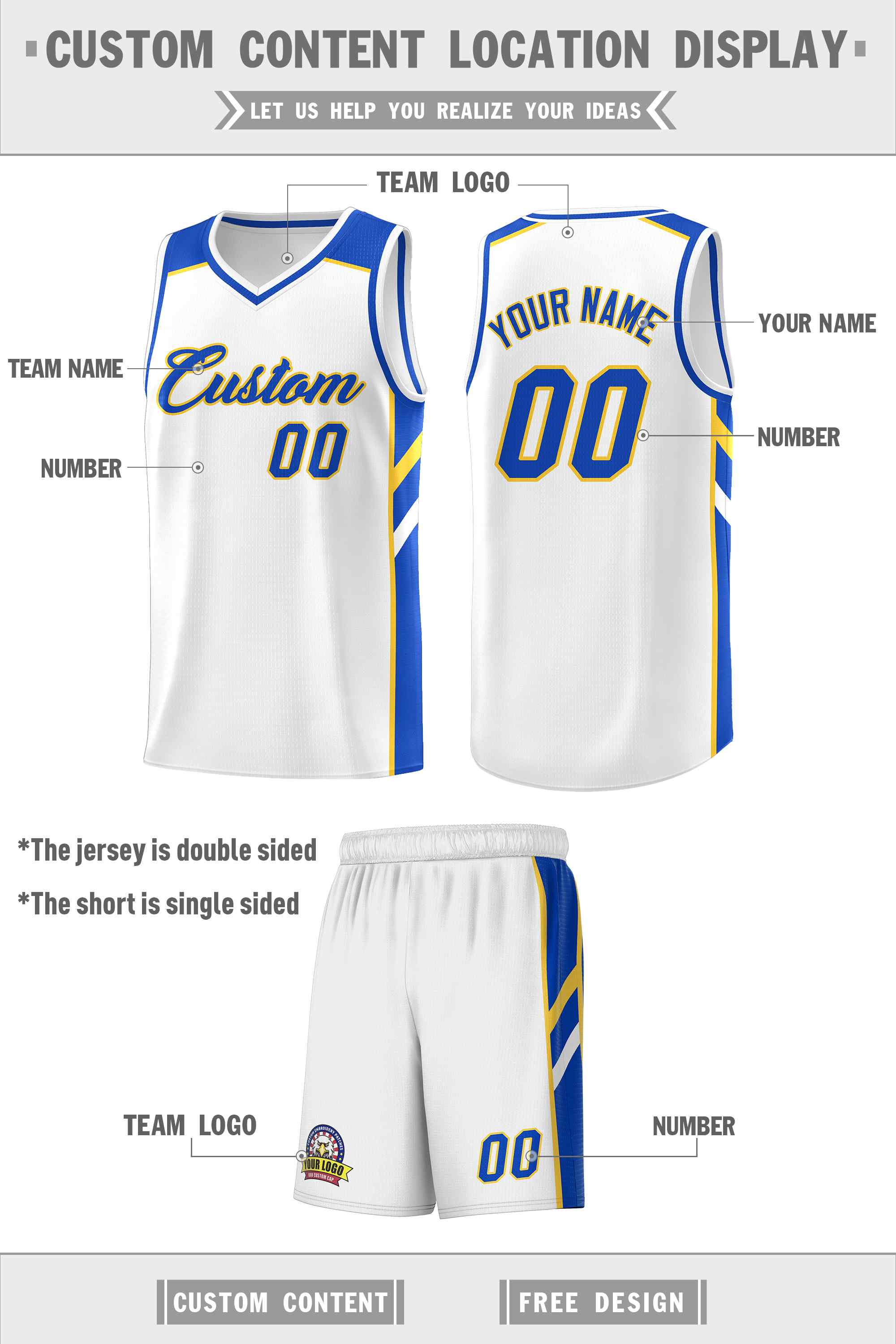 Custom White Royal-Yellow Classic Sets Sports Uniform Basketball Jersey