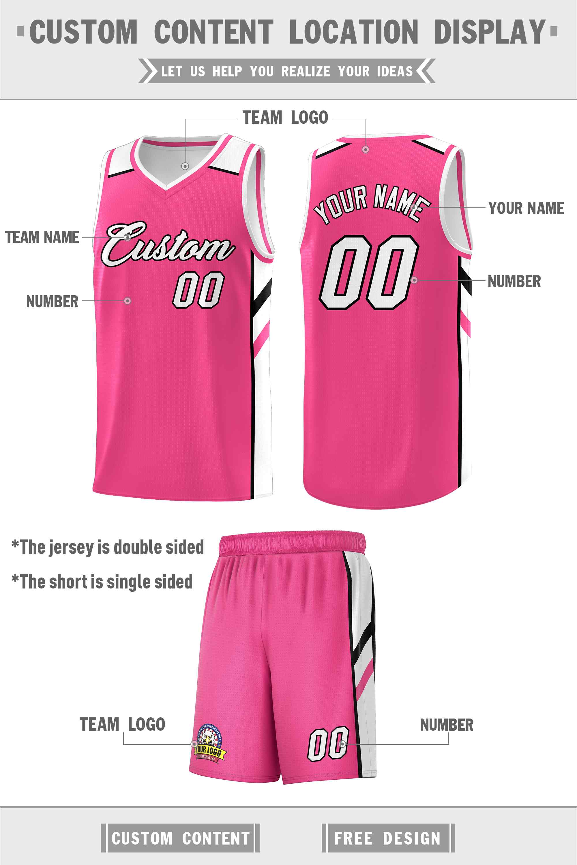 Ensembles classiques rose blanc-noir personnalisés, maillot de basket-ball uniforme de sport