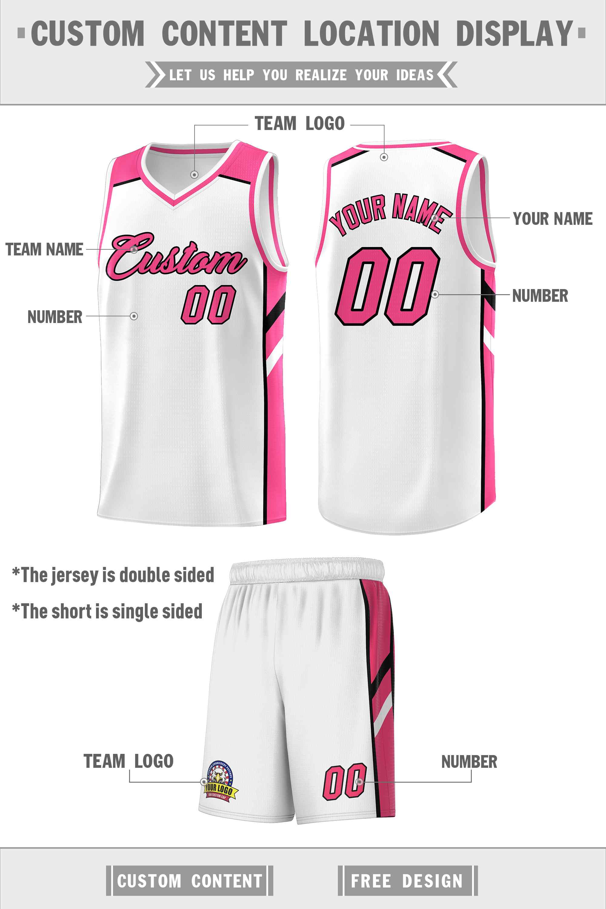 Custom White Pink-Black Classic Sets Sports Uniform Basketball Jersey