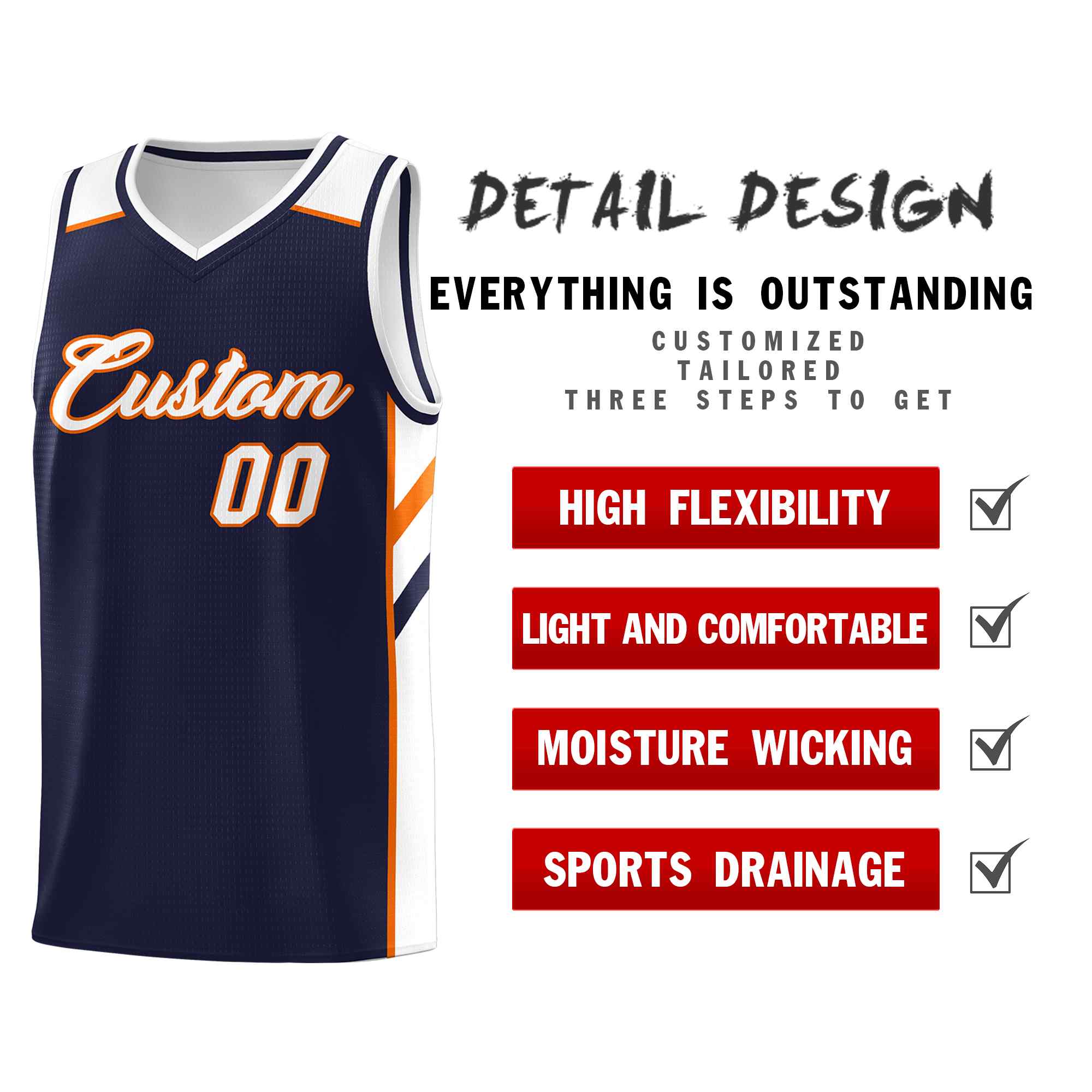 Custom Navy White-Orange Classic Sets Sports Uniform Basketball Jersey