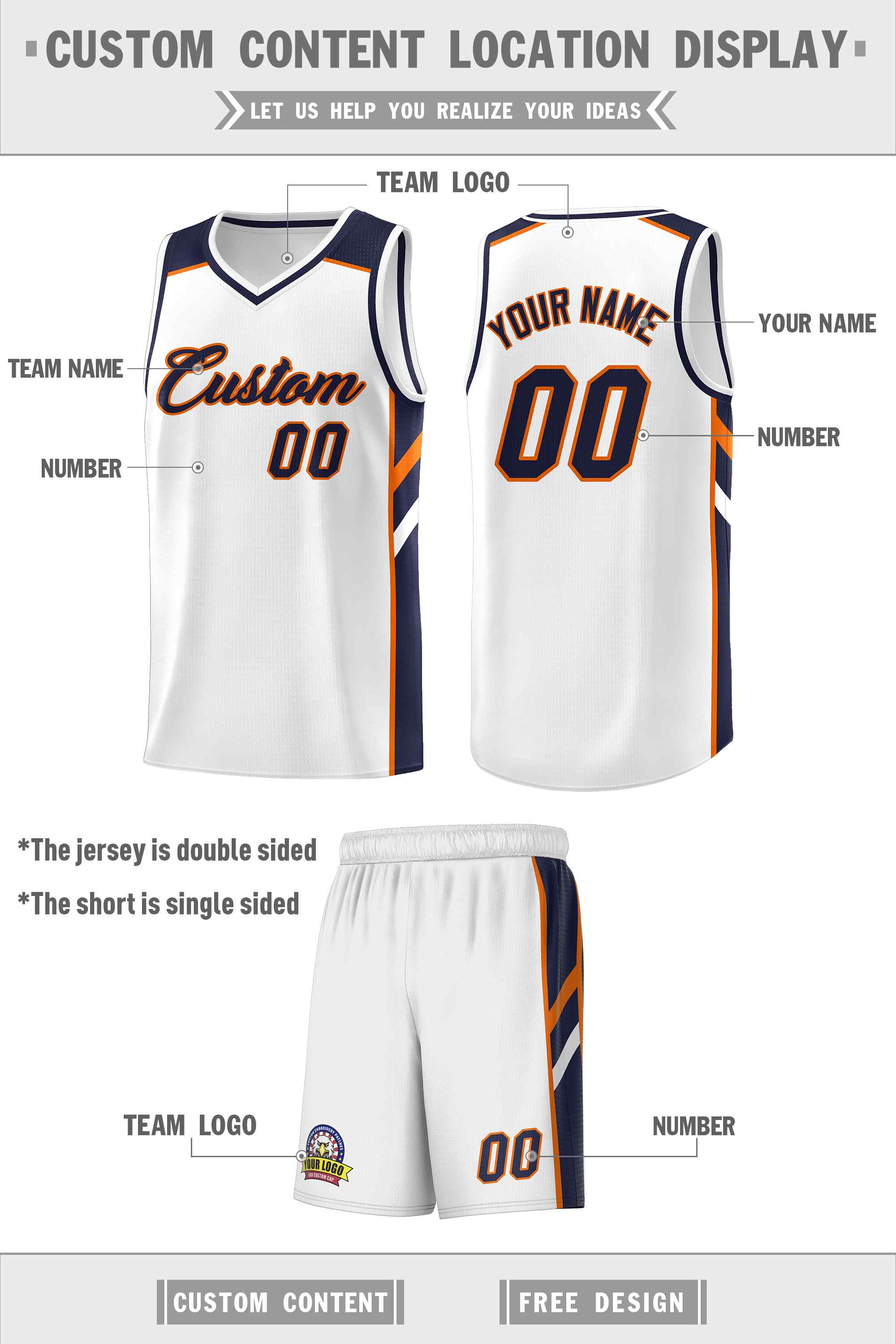 Custom White Navy-Orange Classic Sets Sports Uniform Basketball Jersey