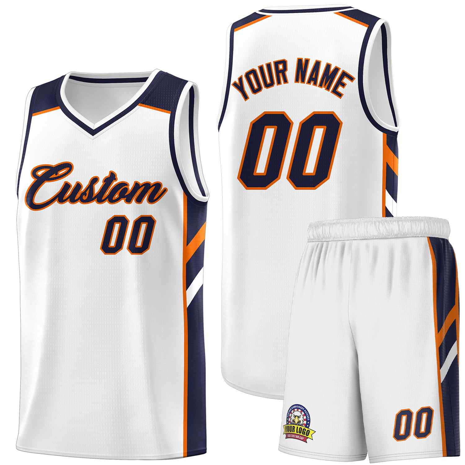 Maillot de basket-ball uniforme de sport, ensembles classiques blancs et Orange personnalisés, bleu marine