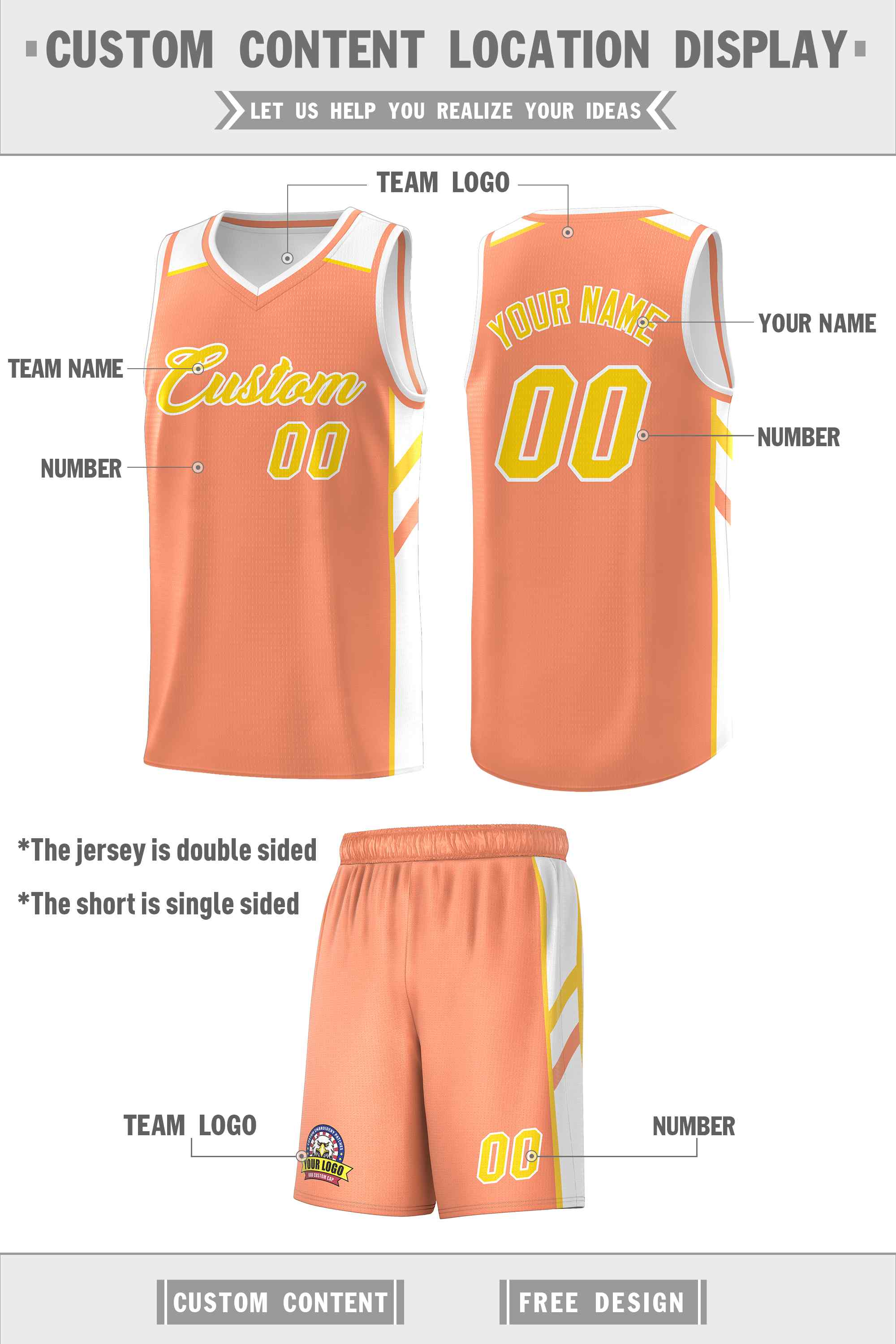 Maillot de basket-ball uniforme de sport, ensembles classiques Orange jaune-blanc personnalisés