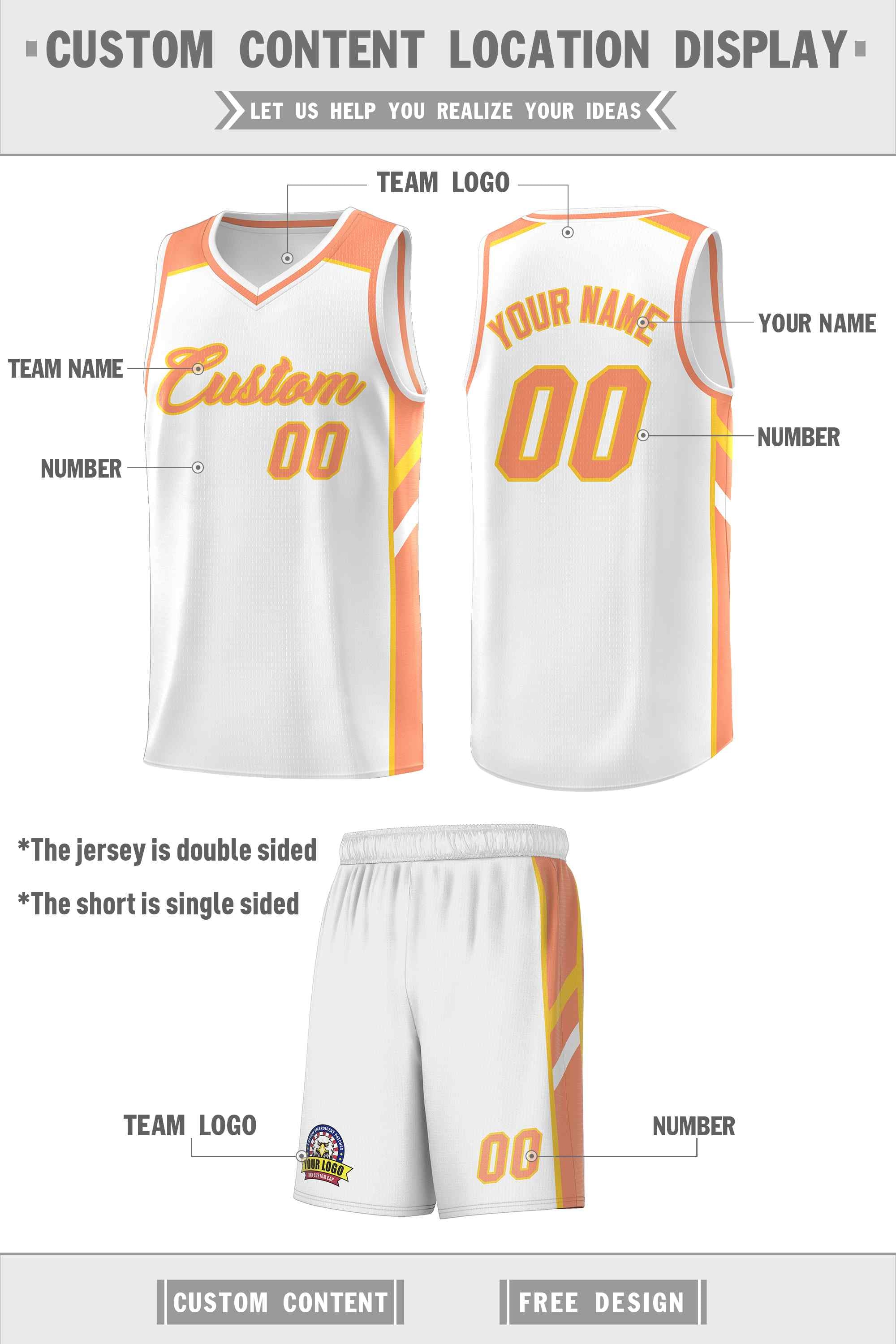 Maillot de basket-ball uniforme de sport, ensemble classique blanc Orange-jaune personnalisé