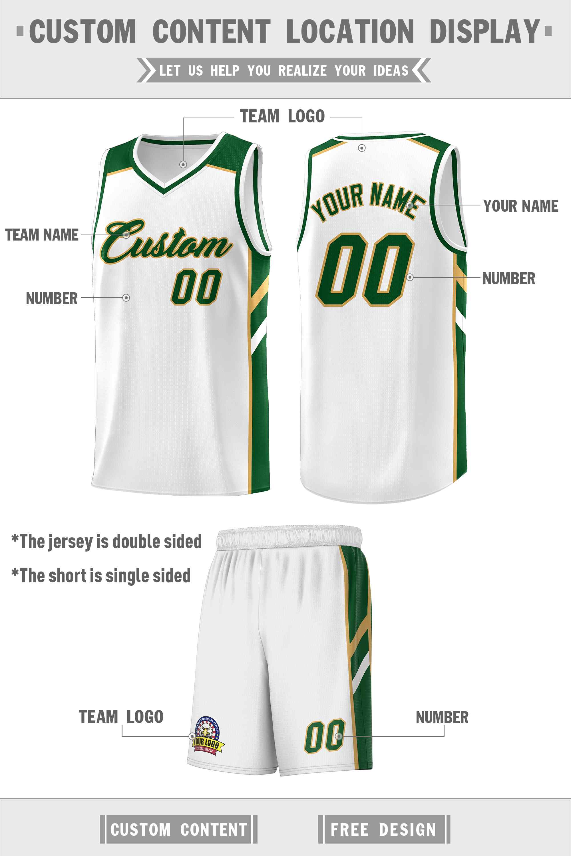 Custom White Green-Old Gold Classic Sets Sports Uniform Basketball Jersey