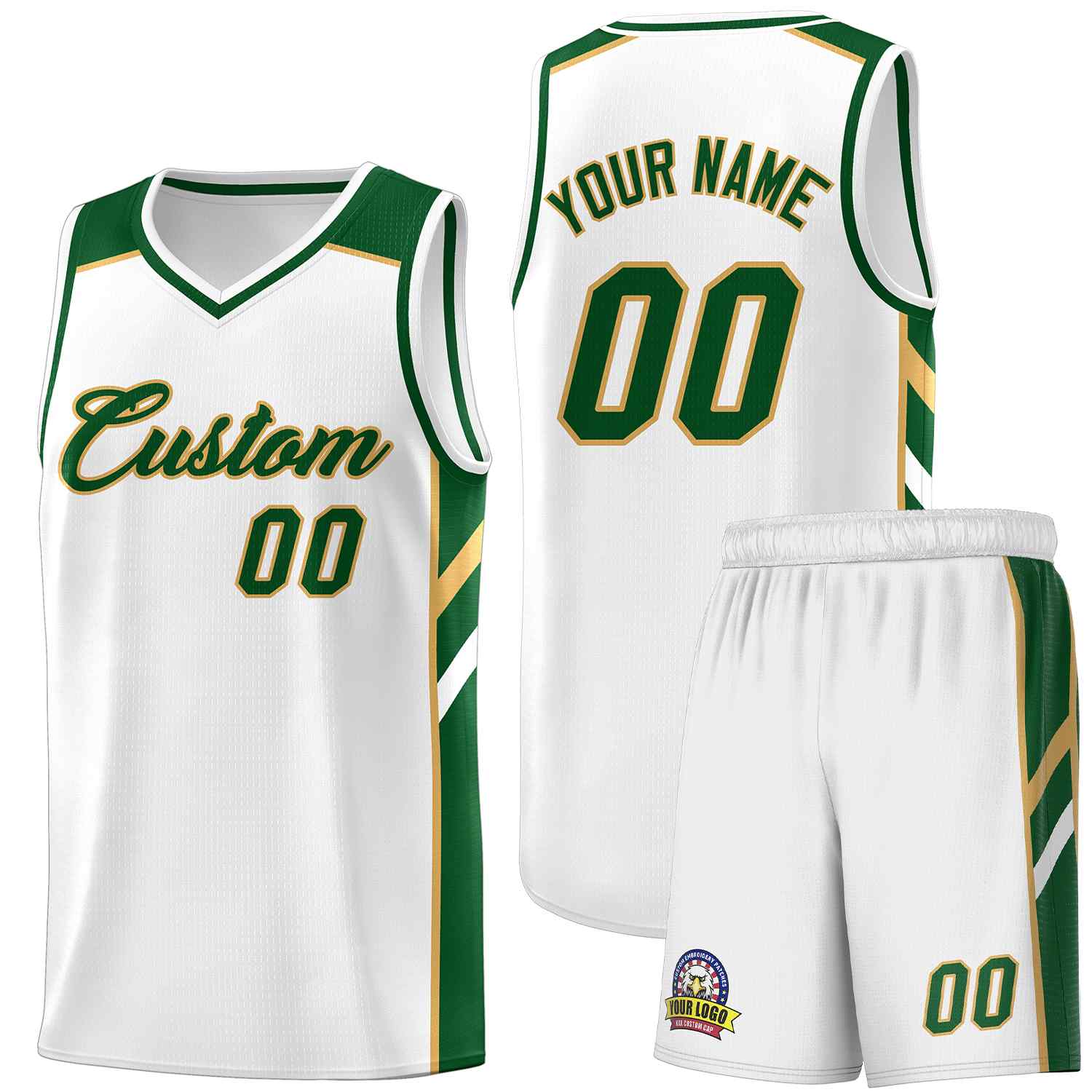 Maillot de basket-ball uniforme de sport, ensembles classiques personnalisés, blanc, vert-vieil or