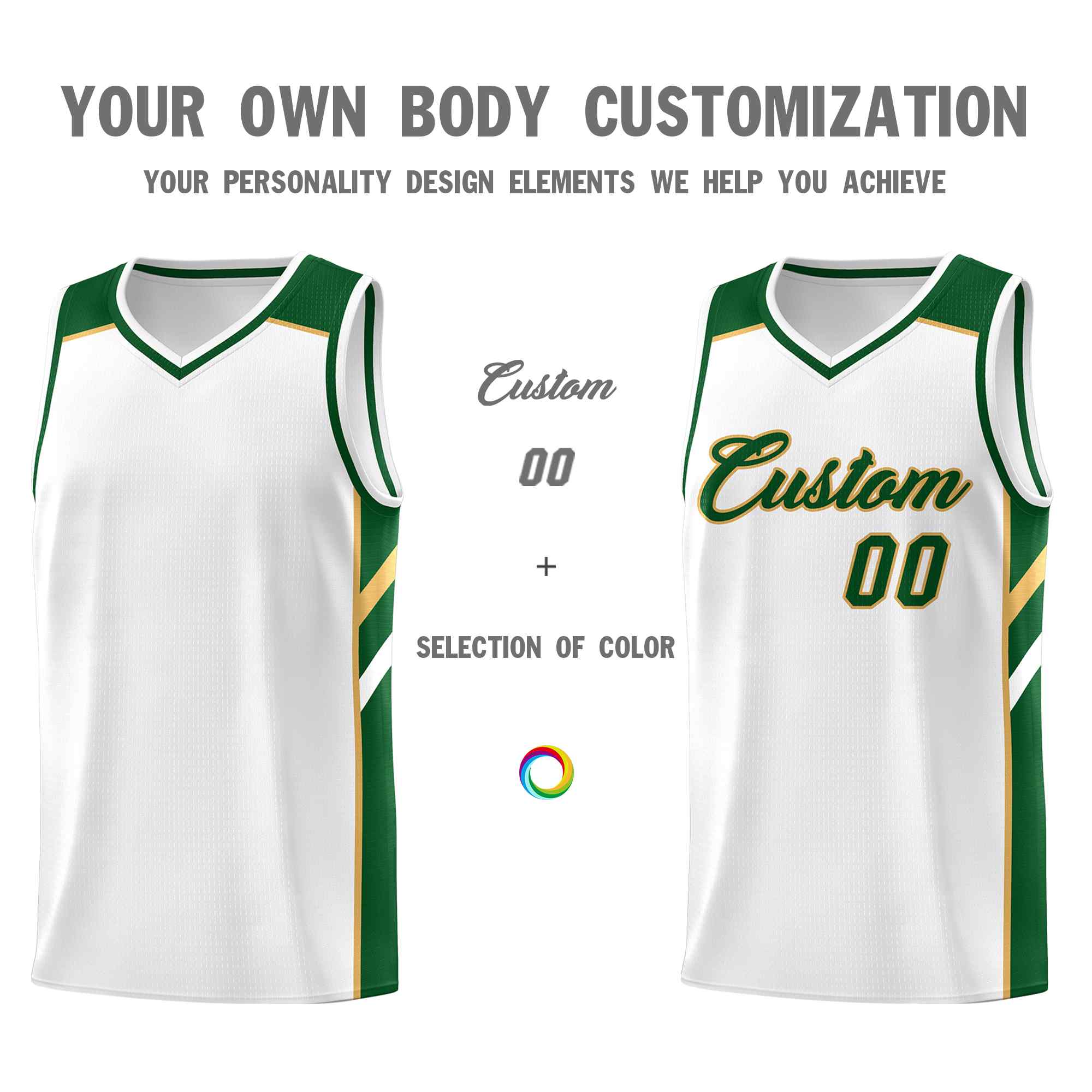 Maillot de basket-ball uniforme de sport, ensembles classiques personnalisés, blanc, vert-vieil or