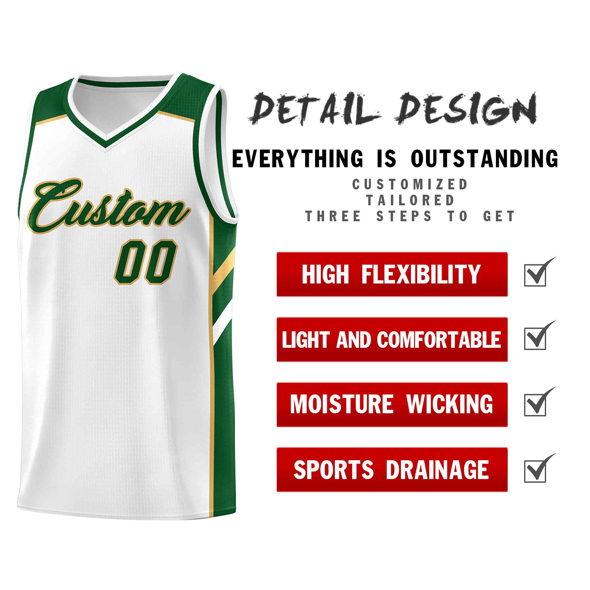 Maillot de basket-ball uniforme de sport, ensembles classiques personnalisés, blanc, vert-vieil or