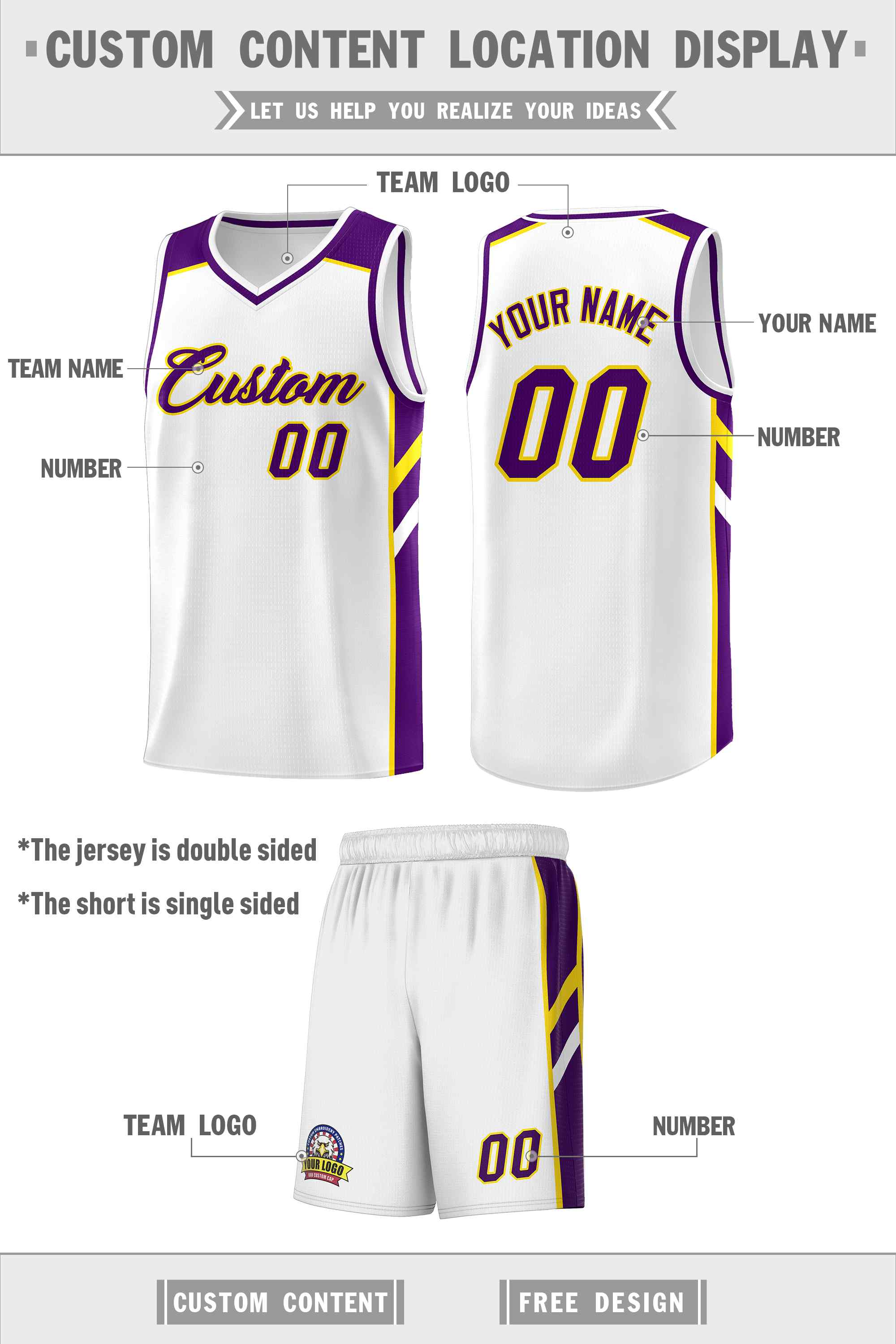 Custom White Purple-Yellow Classic Sets Sports Uniform Basketball Jersey