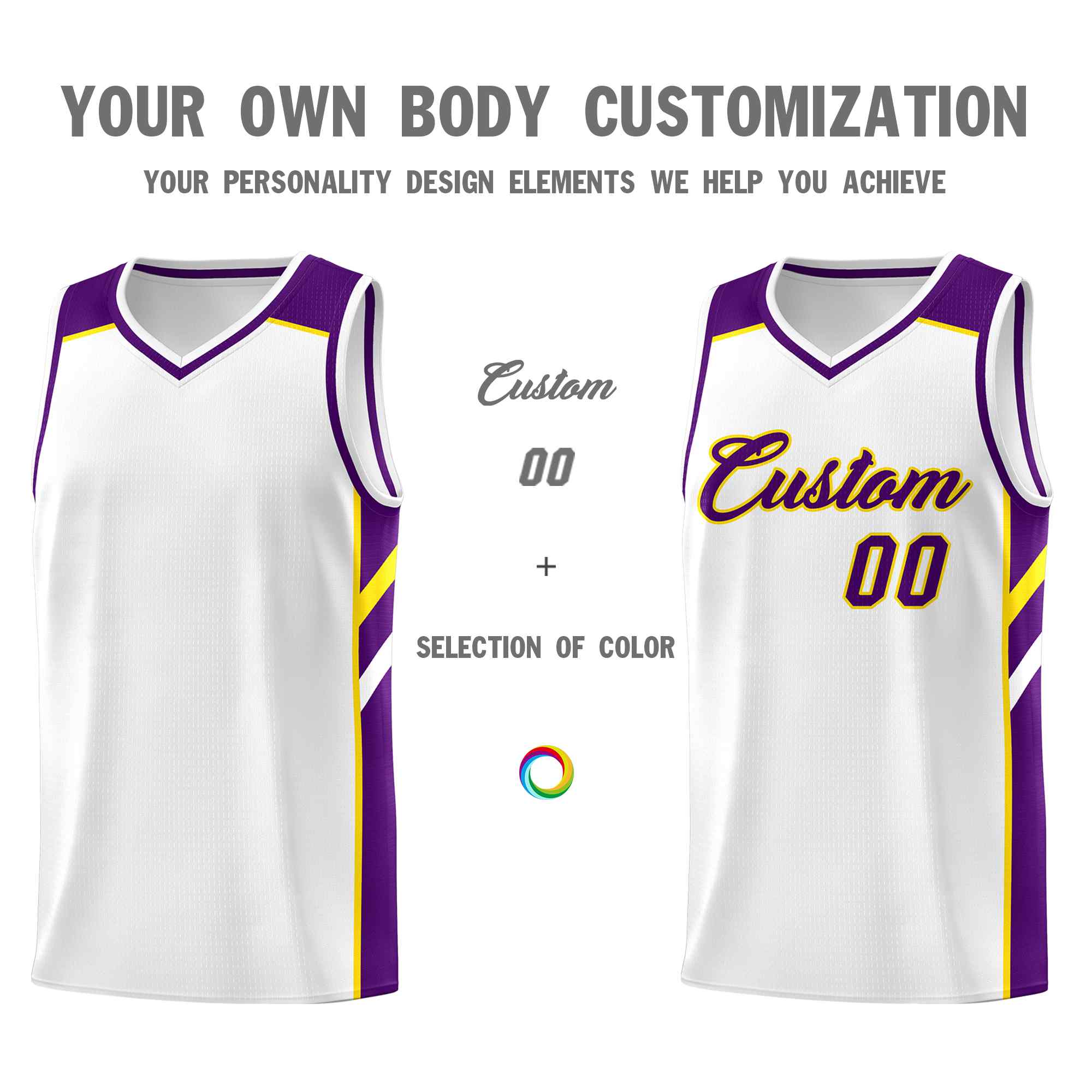 Ensembles classiques personnalisés blanc violet-jaune, maillot de basket-ball uniforme de sport