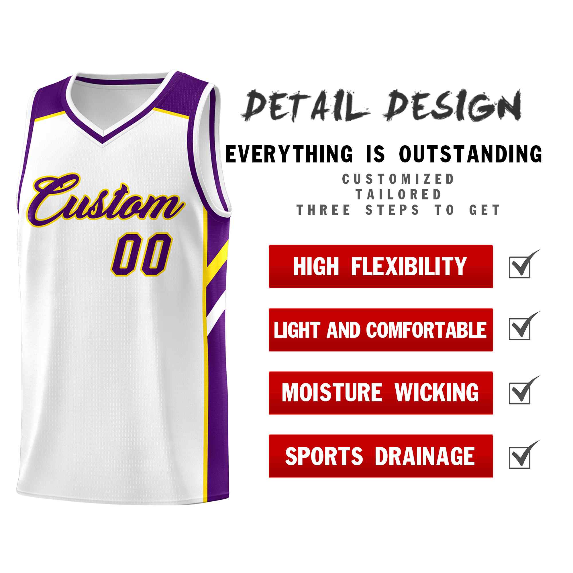 Ensembles classiques personnalisés blanc violet-jaune, maillot de basket-ball uniforme de sport