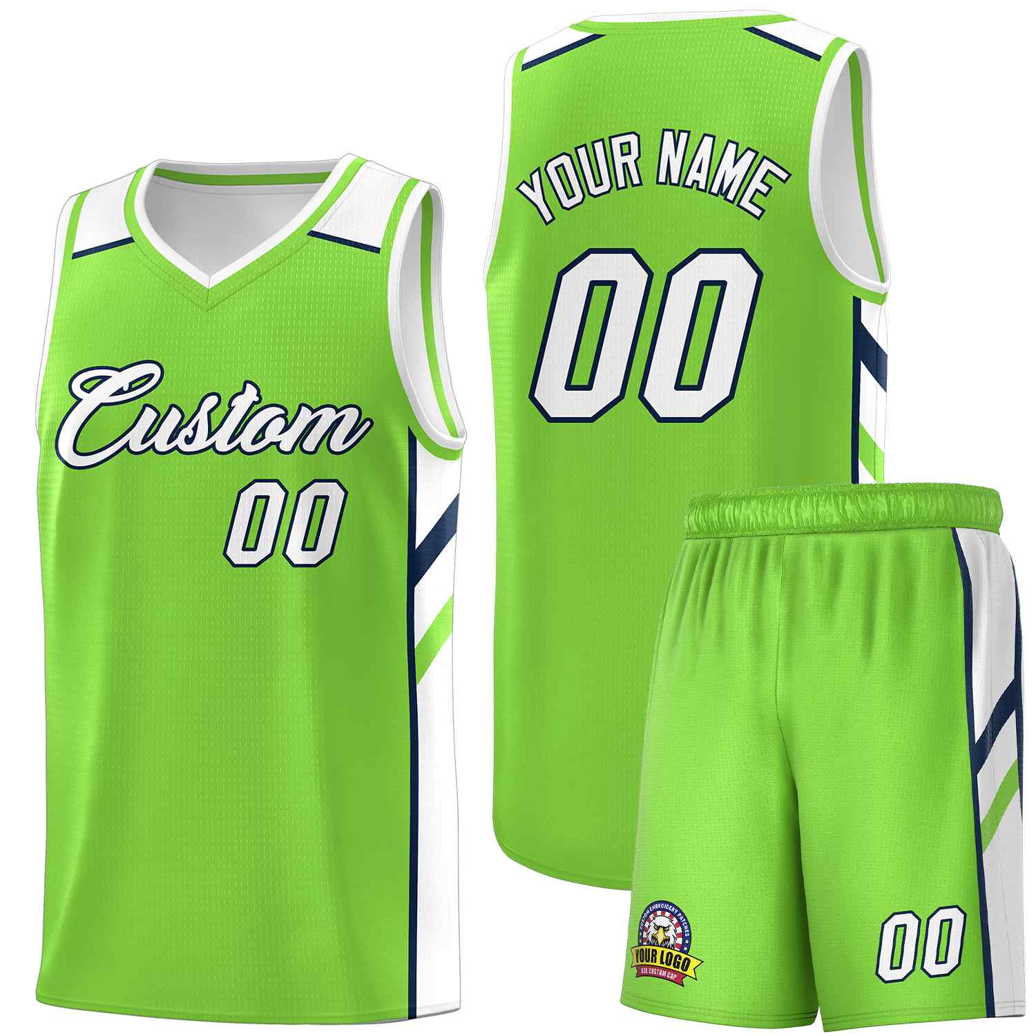 Maillot de basket-ball personnalisé, vert néon, blanc-marine, ensembles classiques, uniforme de sport