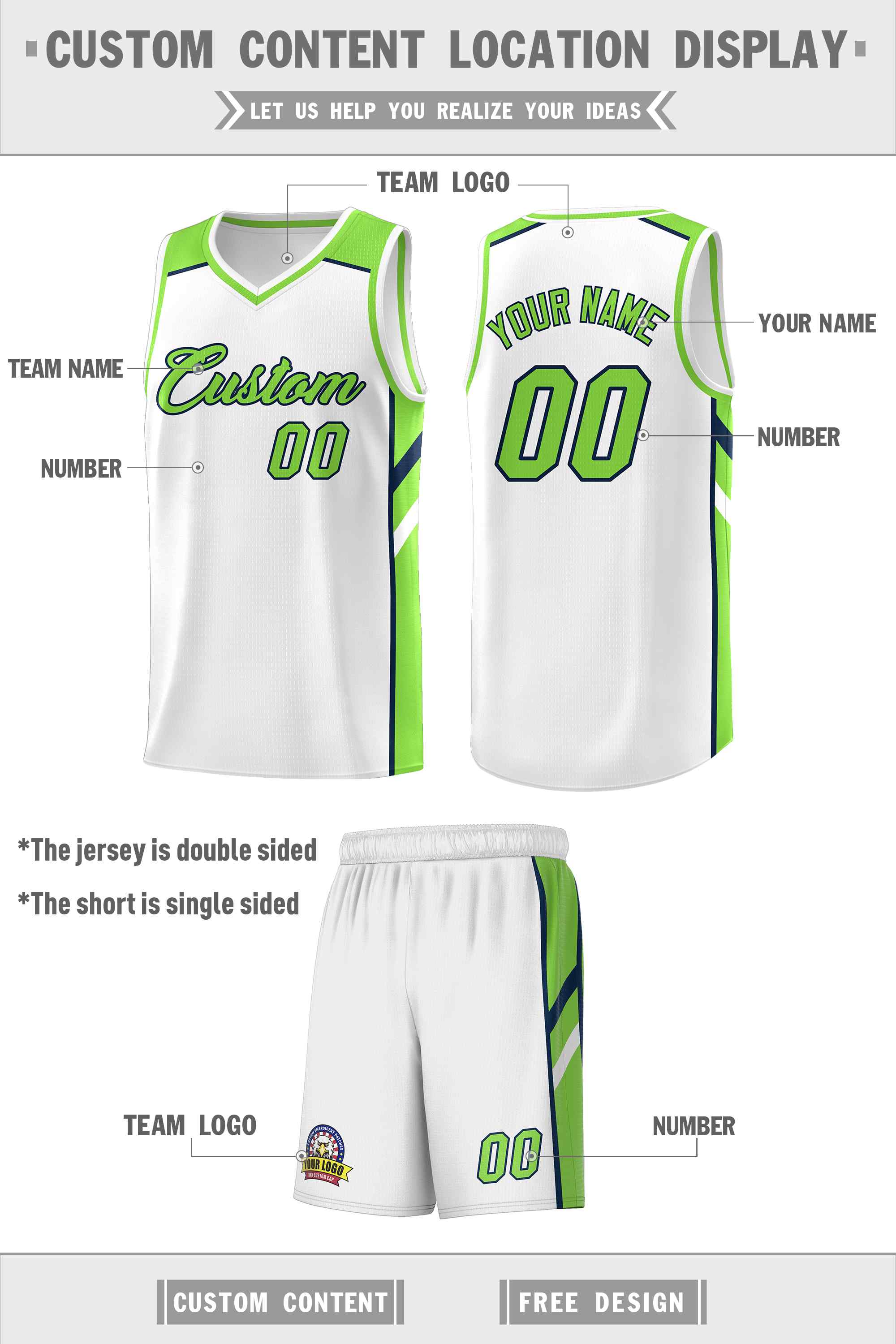 Ensemble classique personnalisé blanc néon vert-marine, uniforme de sport, maillot de basket-ball