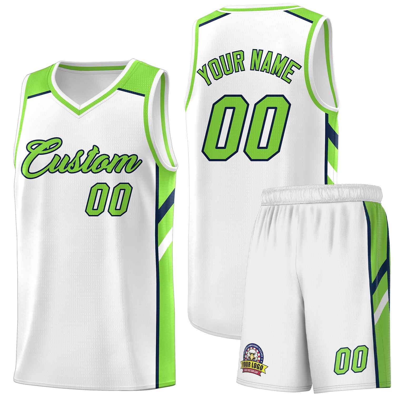 Ensemble classique personnalisé blanc néon vert-marine, uniforme de sport, maillot de basket-ball