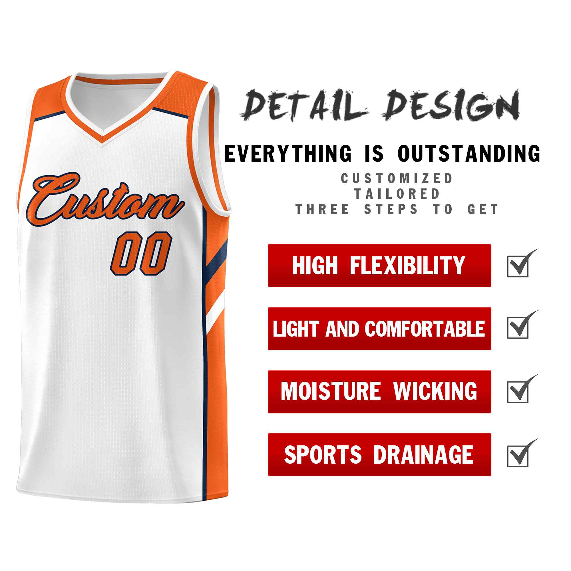 Maillot de basket-ball uniforme de sport, ensemble classique blanc Orange-marine personnalisé