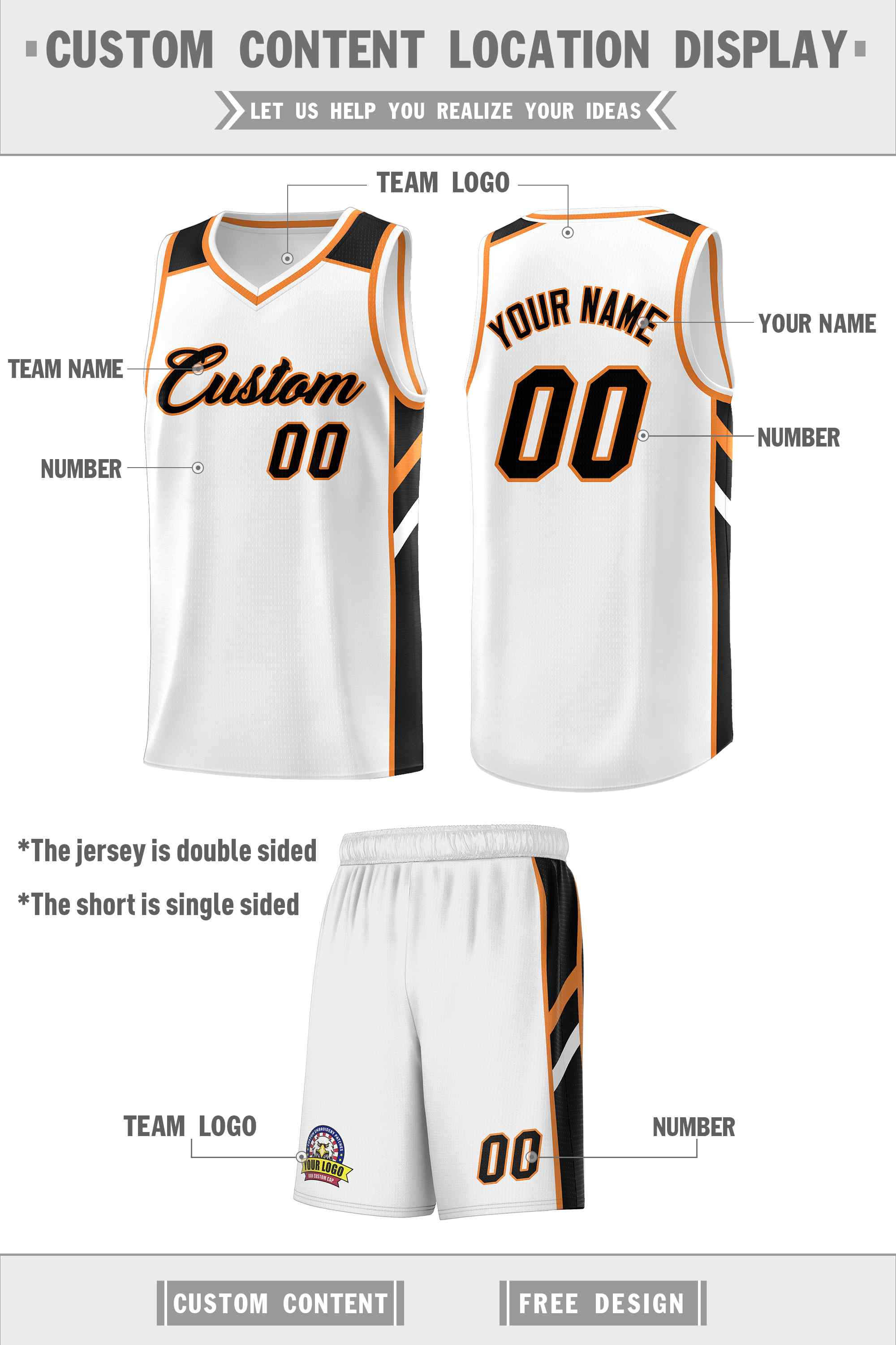 Ensembles classiques personnalisés blanc noir-Orange, maillot de basket-ball uniforme de sport