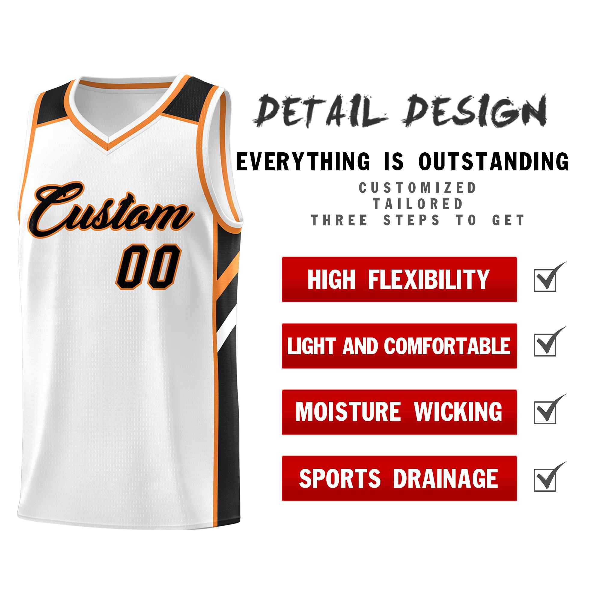 Custom White Black-Orange Classic Sets Sports Uniform Basketball Jersey