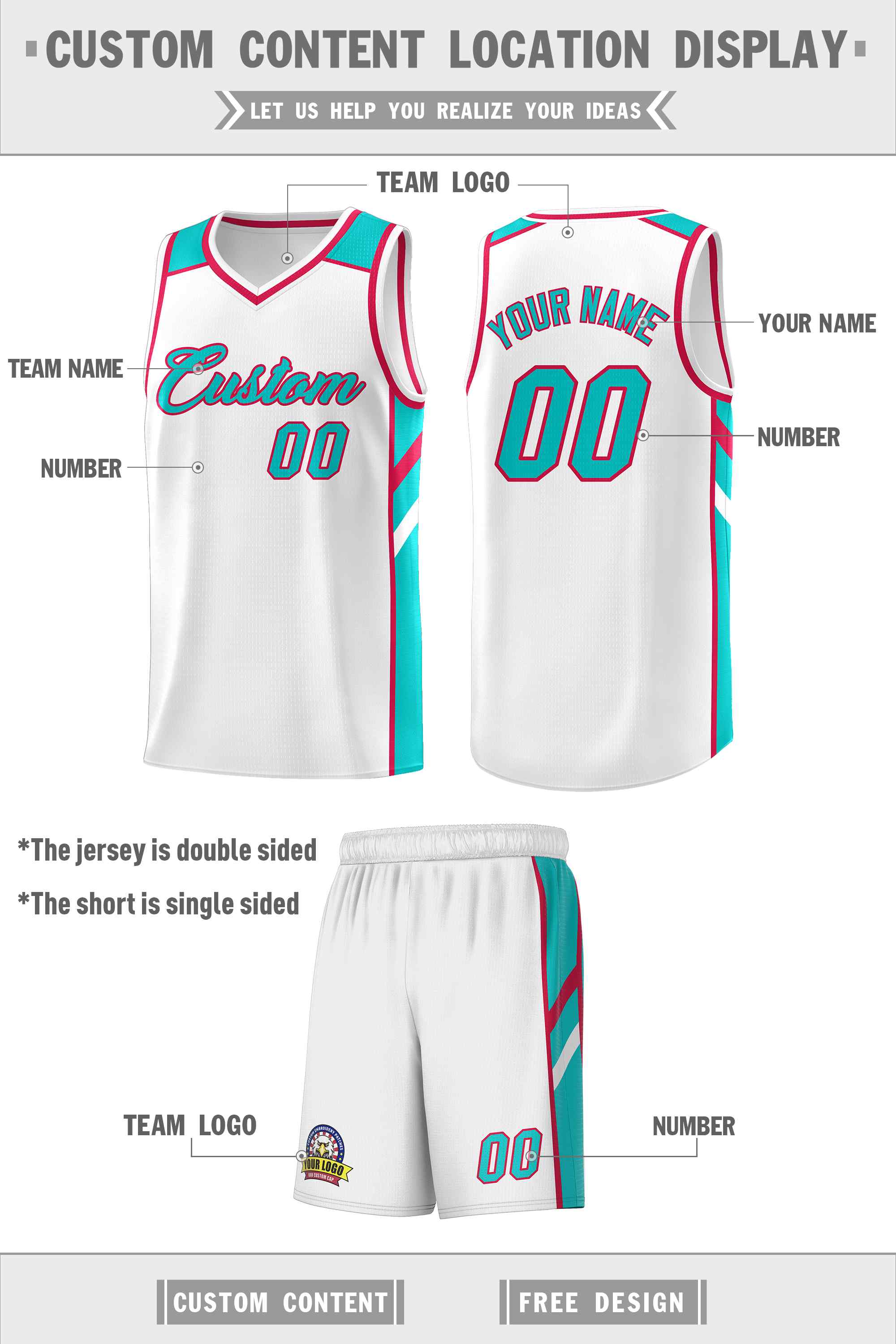 Custom White Aqua-Red Classic Sets Sports Uniform Basketball Jersey