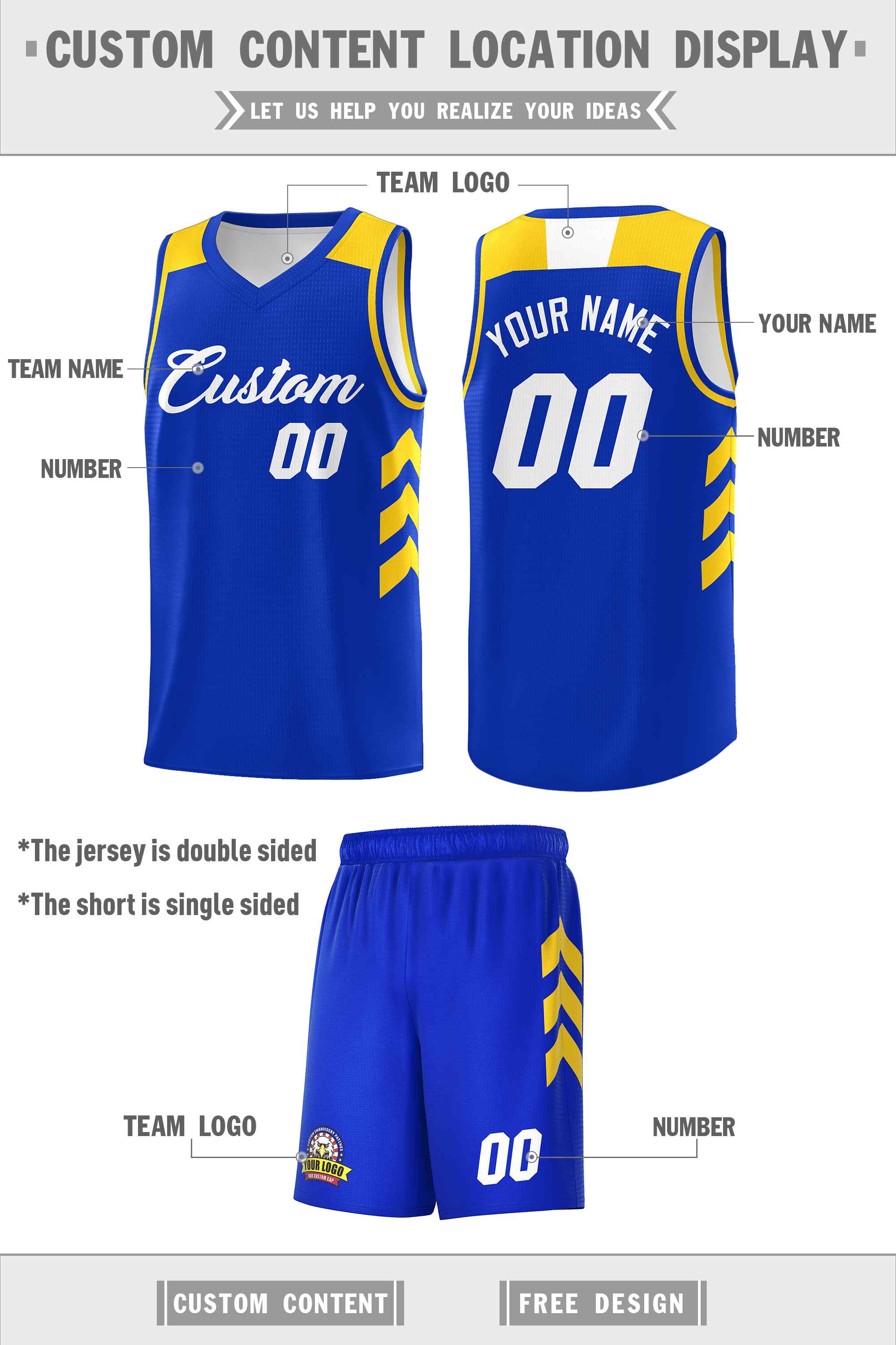 Le classique blanc royal fait sur commande place le maillot de basket-ball uniforme de sport